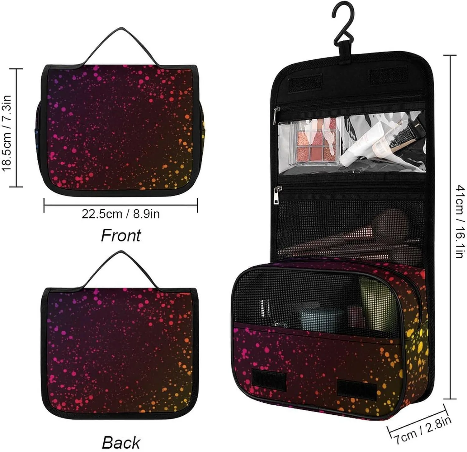 Toiletry Bag Travel Bag with Hanging Hook, Water Resistant Makeup Cosmetic Bag Travel Organizer Compatible with Abstract Rainbow Color Dots for Accessories
