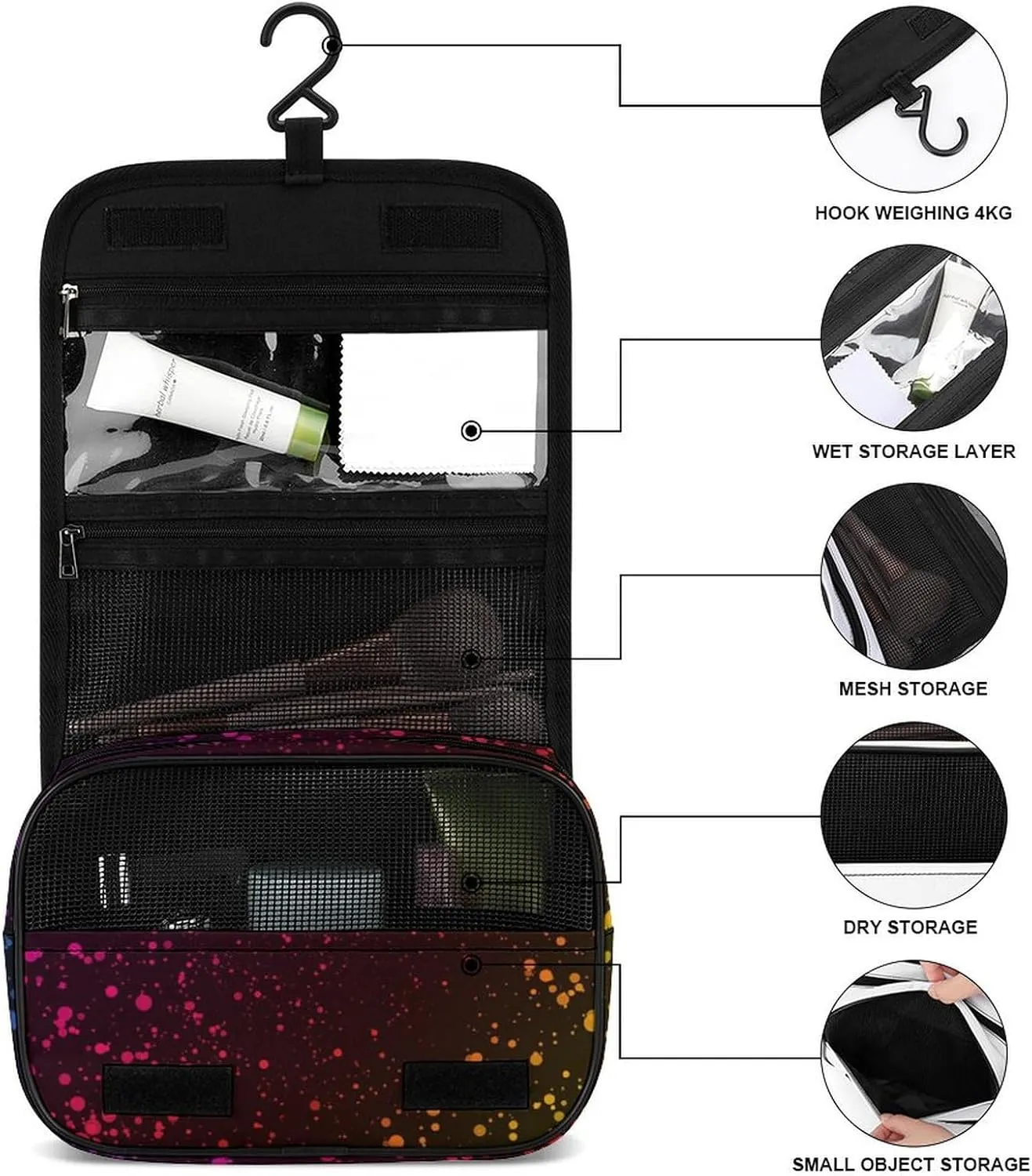 Toiletry Bag Travel Bag with Hanging Hook, Water Resistant Makeup Cosmetic Bag Travel Organizer Compatible with Abstract Rainbow Color Dots for Accessories
