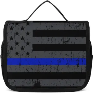 Toiletry Bag Travel Bag with Hanging Hook, Water Resistant Makeup Cosmetic Bag Travel Organizer Compatible with Thin Blue Line Vintage Retro American Flag Black for Accessories