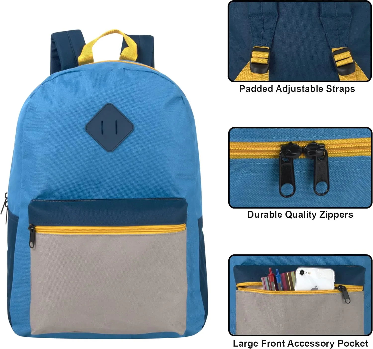 Trail maker Wholesale Two Tone Backpacks in Bulk 24 Pack for College, Homeless Adults for Nonprofit with Adjustable Padded Straps