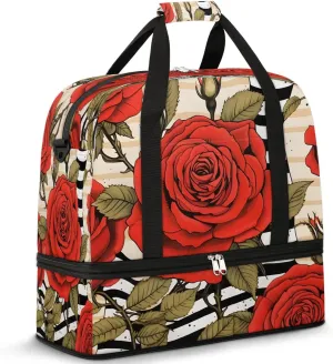 Travel Duffel Bags Red American Flower Foldable Weekender Bags for Women with Shoes Compartment Waterproof & Tear Resistant Carry on Overnight Luggage Duffel Bag Shoulder Sports Tote Bag,A-617