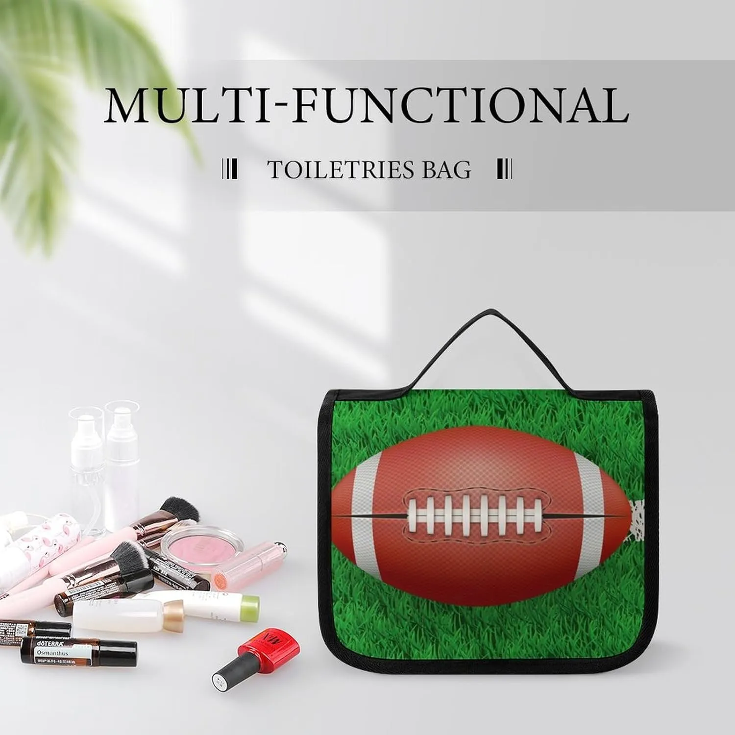 Travel Hanging Toiletry Bag for Men Women Shaving Bag Compatible with American Football Field And Ball, Waterproof Large Makeup Bag Wash Bag Makeup Organizer Cosmetic Case for Bathroom Shower