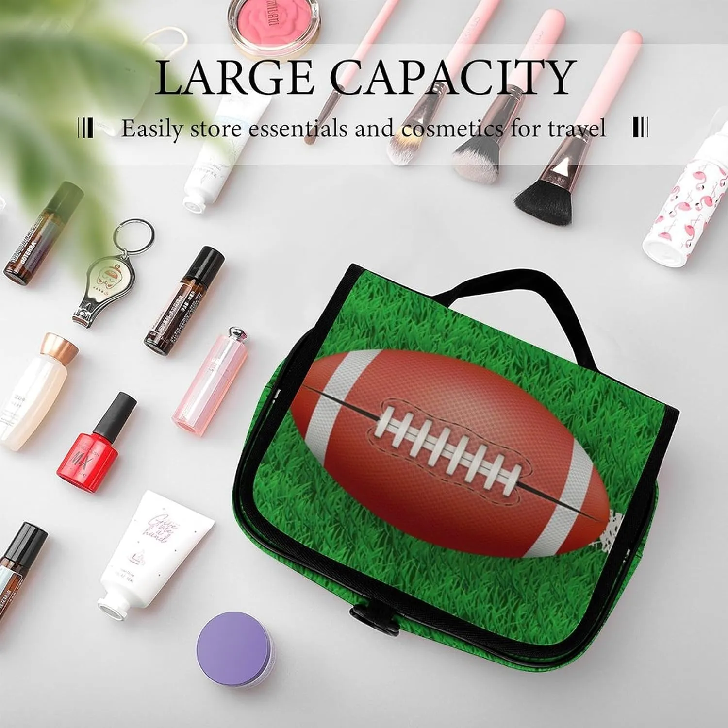 Travel Hanging Toiletry Bag for Men Women Shaving Bag Compatible with American Football Field And Ball, Waterproof Large Makeup Bag Wash Bag Makeup Organizer Cosmetic Case for Bathroom Shower