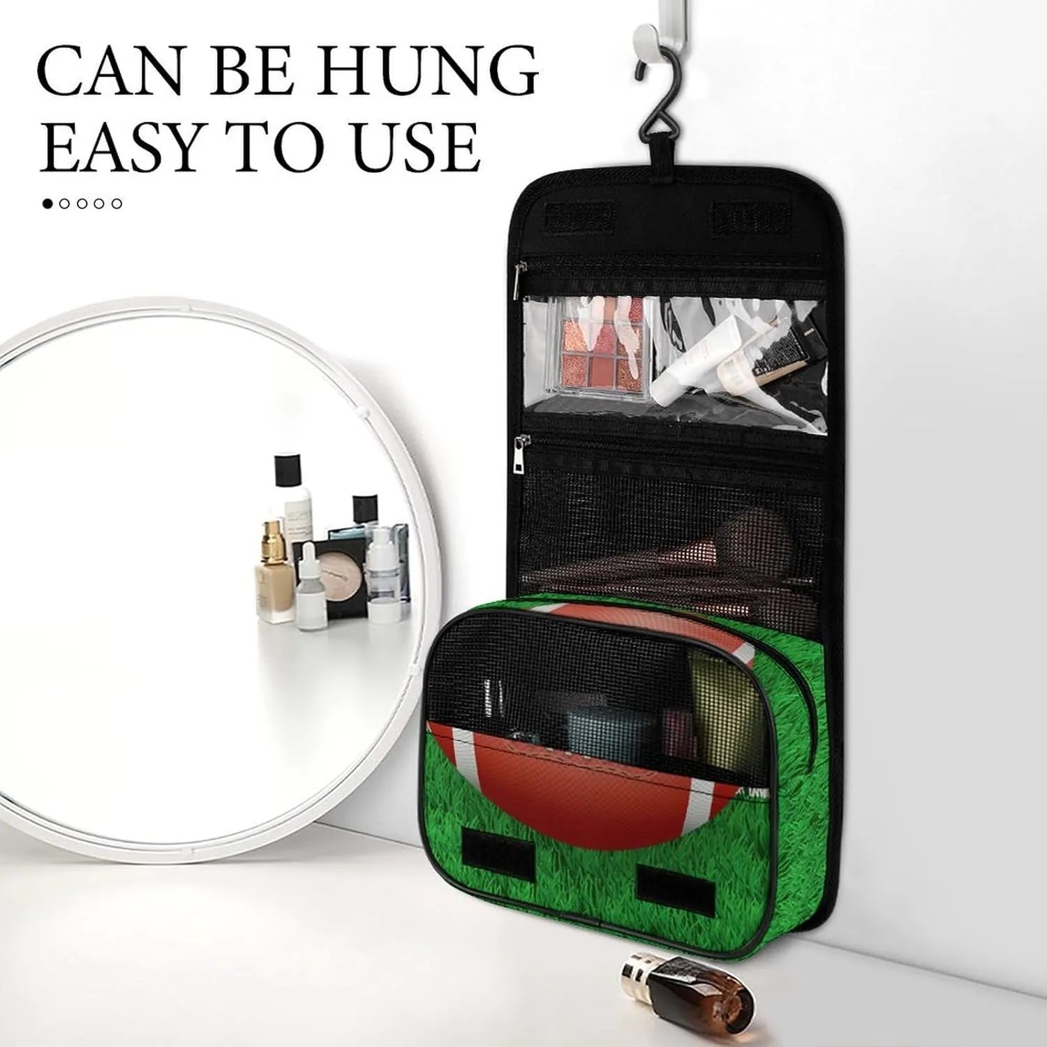 Travel Hanging Toiletry Bag for Men Women Shaving Bag Compatible with American Football Field And Ball, Waterproof Large Makeup Bag Wash Bag Makeup Organizer Cosmetic Case for Bathroom Shower