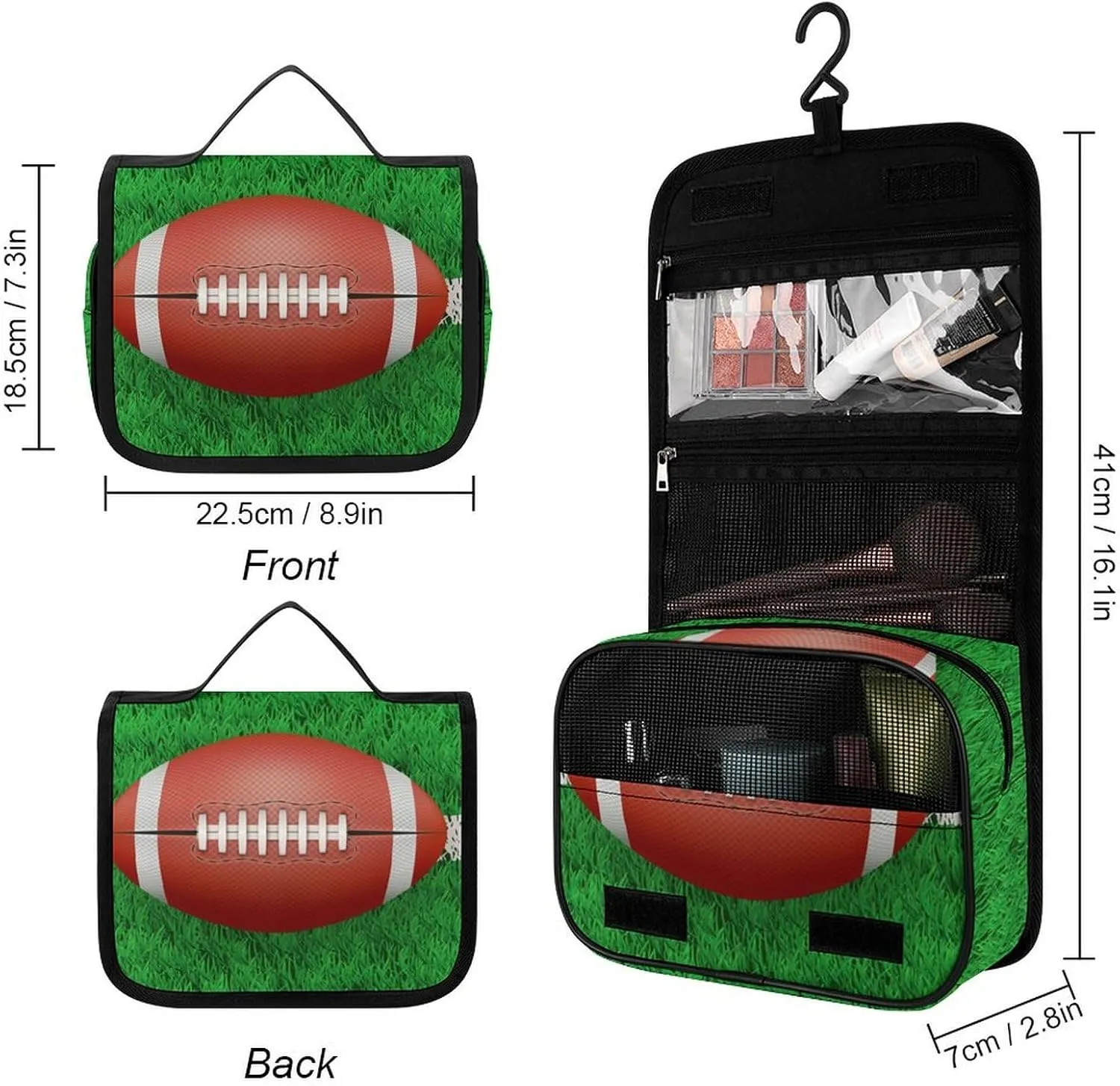 Travel Hanging Toiletry Bag for Men Women Shaving Bag Compatible with American Football Field And Ball, Waterproof Large Makeup Bag Wash Bag Makeup Organizer Cosmetic Case for Bathroom Shower
