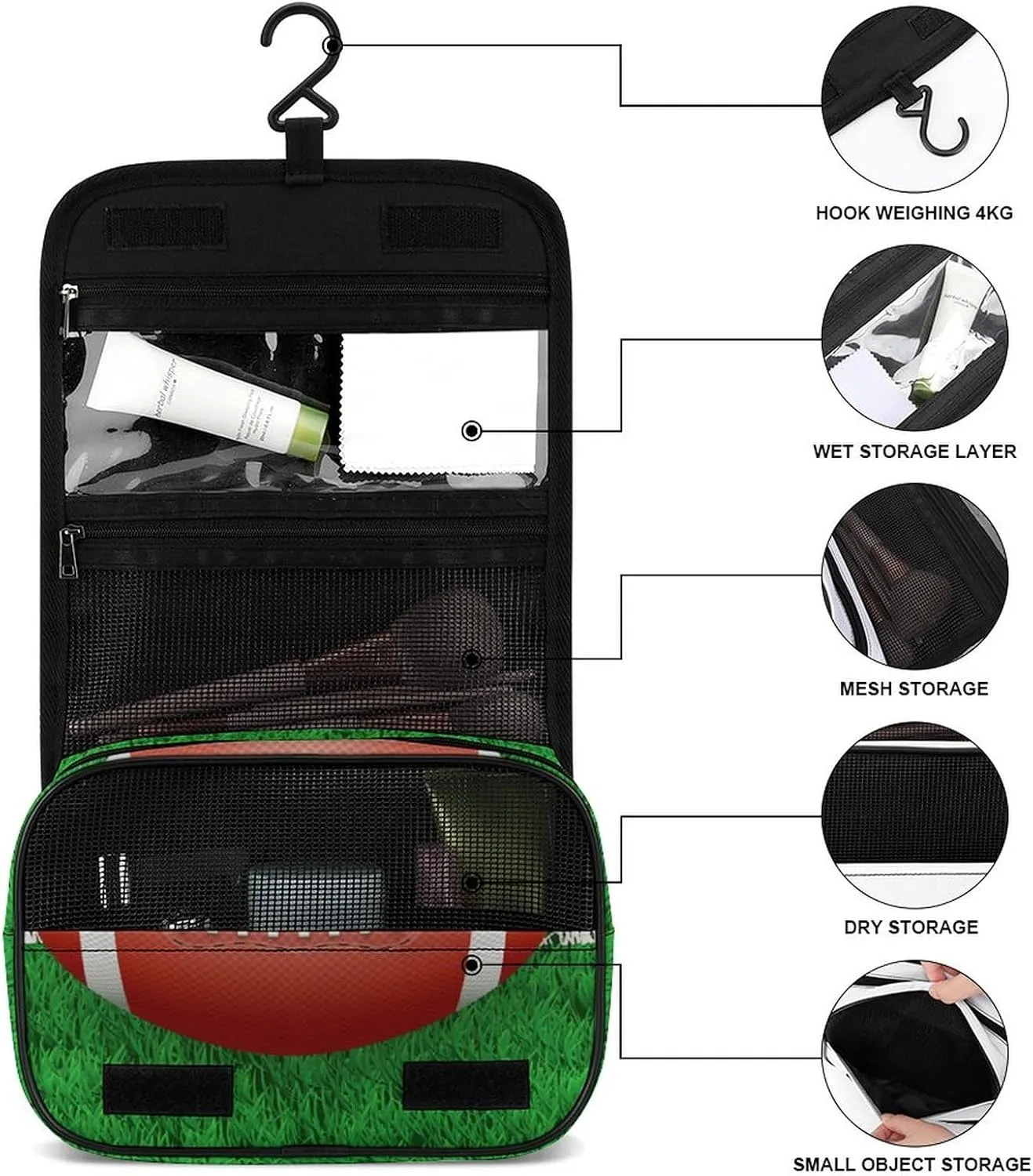 Travel Hanging Toiletry Bag for Men Women Shaving Bag Compatible with American Football Field And Ball, Waterproof Large Makeup Bag Wash Bag Makeup Organizer Cosmetic Case for Bathroom Shower