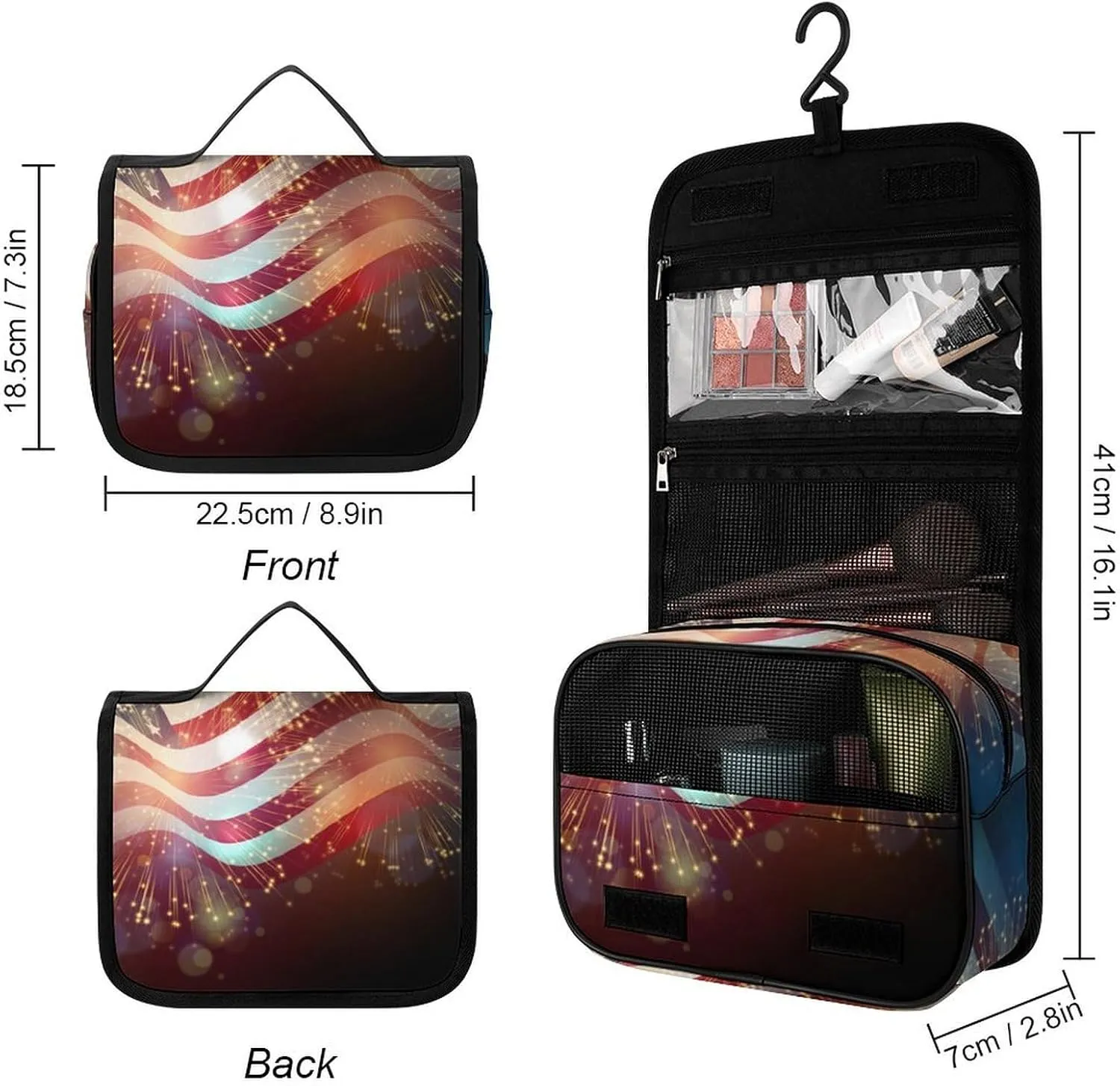 Travel Hanging Toiletry Bag for Men Women Shaving Bag Compatible with Cool American Flag, Waterproof Large Makeup Bag Wash Bag Makeup Organizer Cosmetic Case for Bathroom Shower