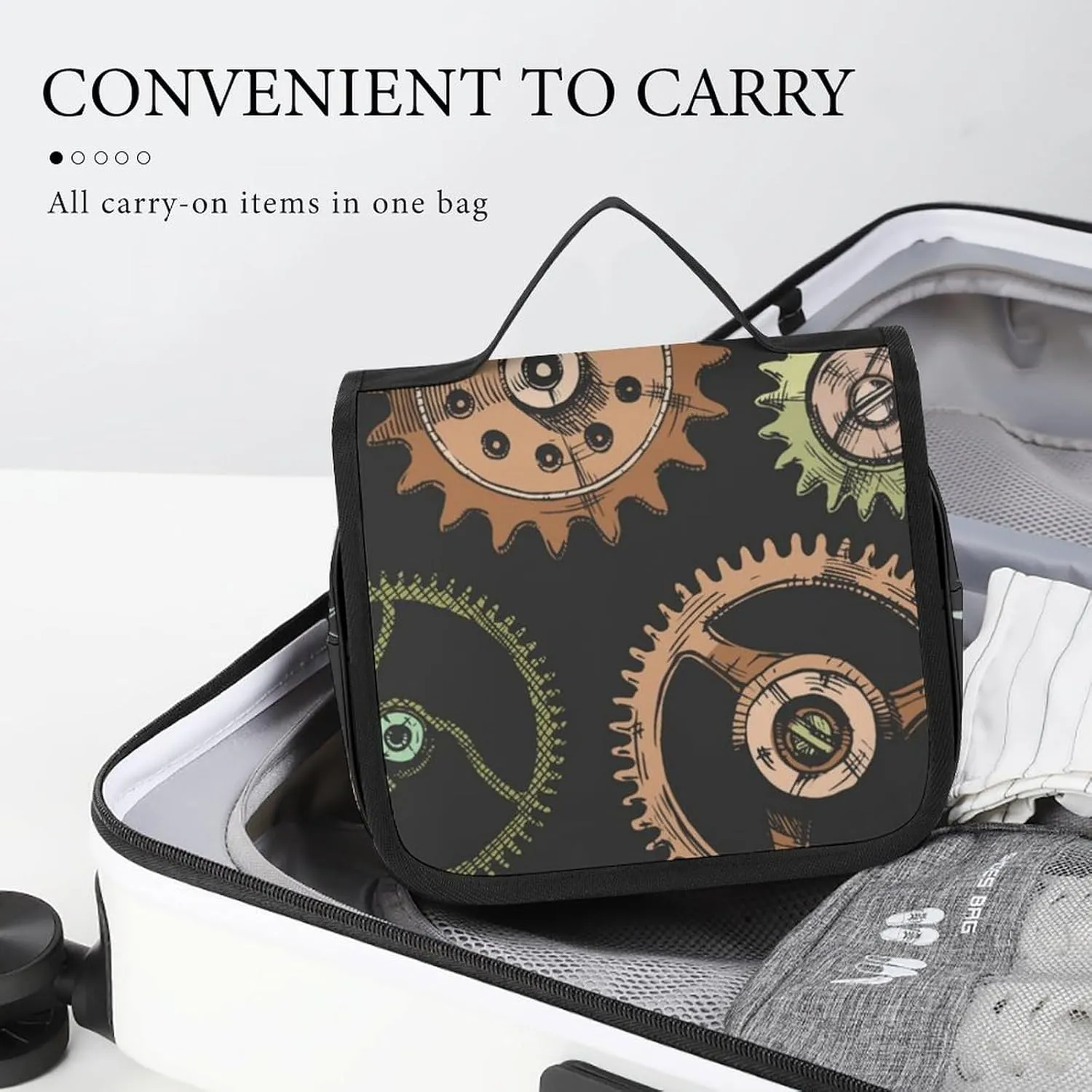 Travel Hanging Toiletry Bag for Women Men, Large Capacity Makeup Bag Compatible with Hand Draw Steampunk Clocks, Waterproof Cosmetic Storage Organizer Case for Bathroom Shower