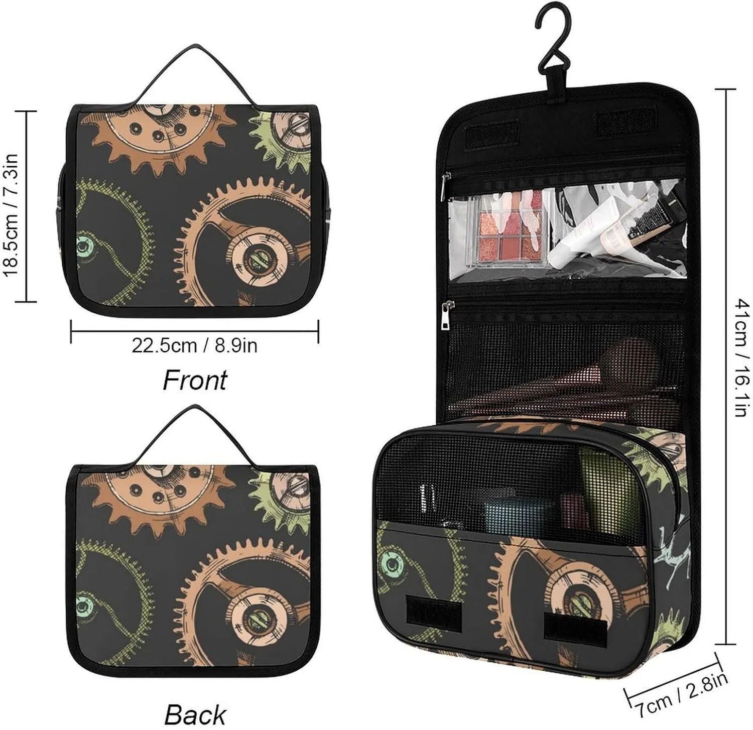 Travel Hanging Toiletry Bag for Women Men, Large Capacity Makeup Bag Compatible with Hand Draw Steampunk Clocks, Waterproof Cosmetic Storage Organizer Case for Bathroom Shower