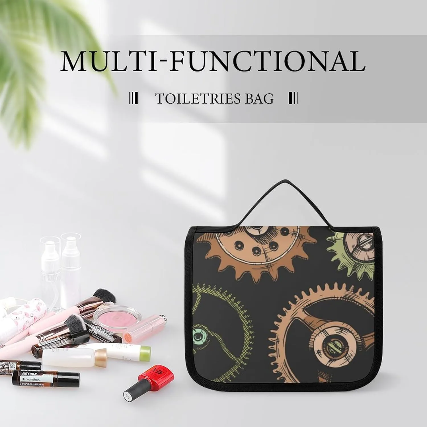Travel Hanging Toiletry Bag for Women Men, Large Capacity Makeup Bag Compatible with Hand Draw Steampunk Clocks, Waterproof Cosmetic Storage Organizer Case for Bathroom Shower