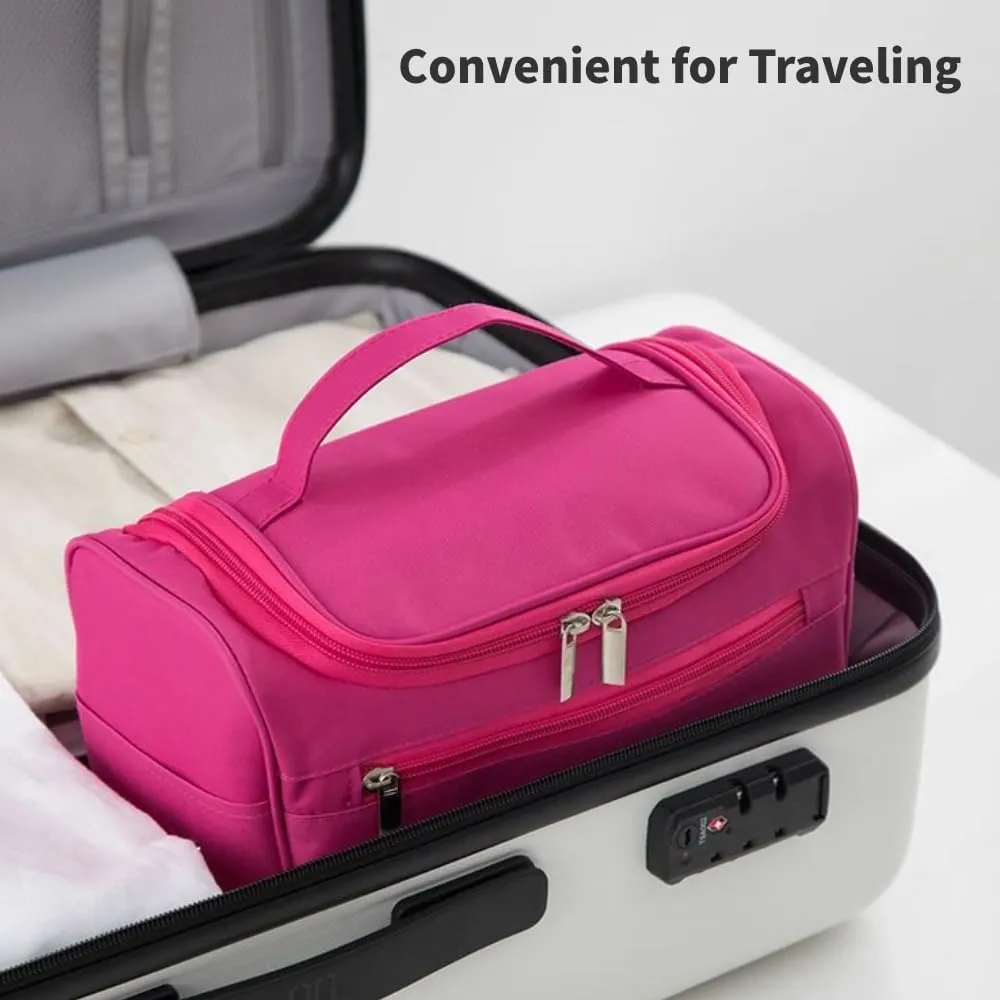 Travel Makeup Bag, Waterproof Toiletry Bag Large Capacity Cosmetic Bag with Handles Dividers, Makeup Organizer Pouch (Dark Pink)