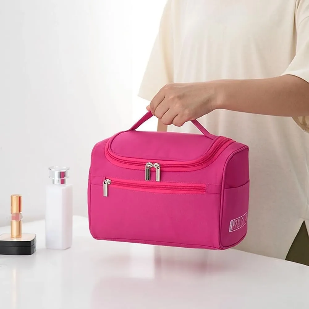 Travel Makeup Bag, Waterproof Toiletry Bag Large Capacity Cosmetic Bag with Handles Dividers, Makeup Organizer Pouch (Dark Pink)