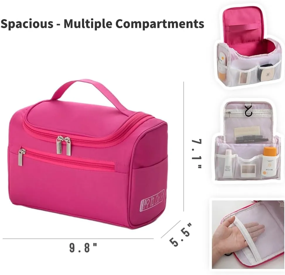 Travel Makeup Bag, Waterproof Toiletry Bag Large Capacity Cosmetic Bag with Handles Dividers, Makeup Organizer Pouch (Dark Pink)