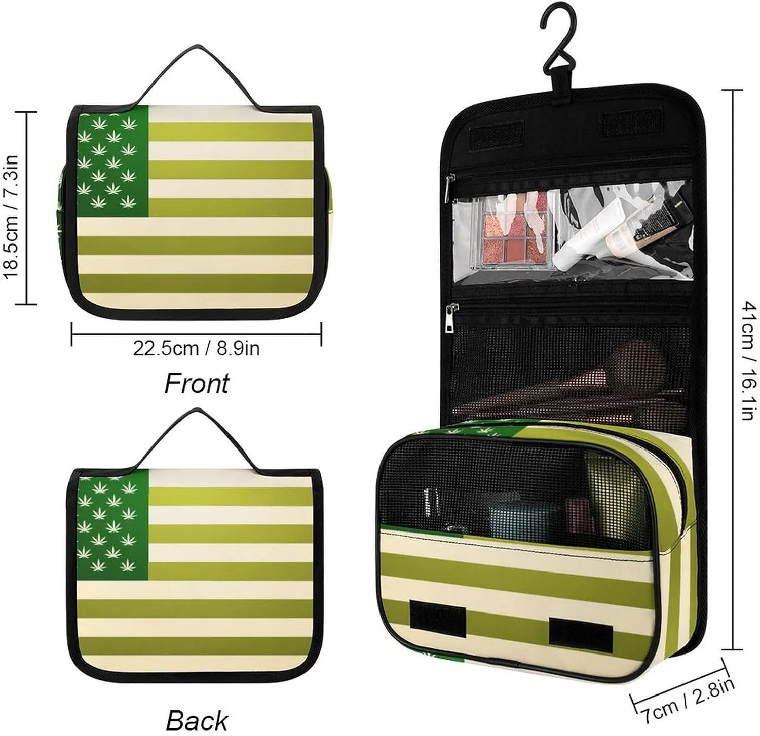 Travel Toiletry Bag for Women Large Capacity, Travel Organizer, Hanging Makeup Case Compatible with American Marijuana Weed Leaf Flag Green for Accessories, Cosmetics, Toiletries