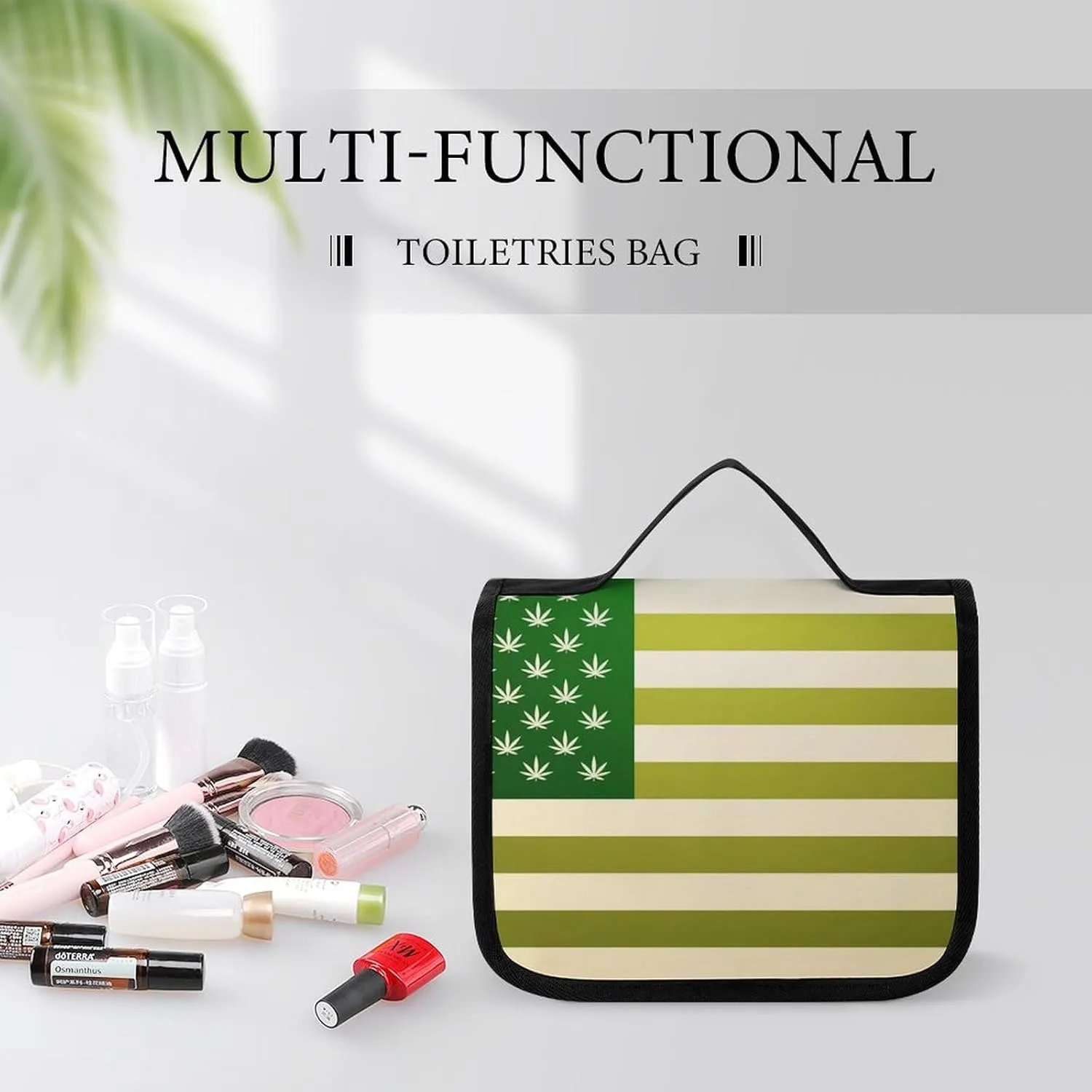 Travel Toiletry Bag for Women Large Capacity, Travel Organizer, Hanging Makeup Case Compatible with American Marijuana Weed Leaf Flag Green for Accessories, Cosmetics, Toiletries