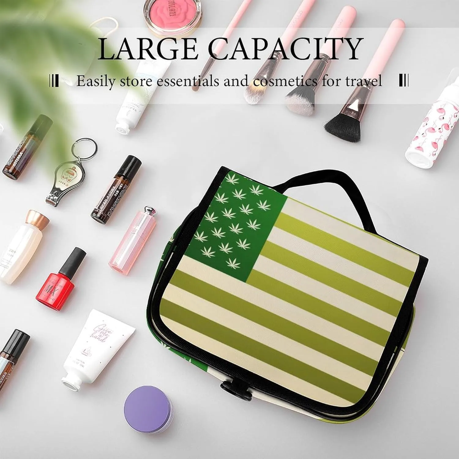 Travel Toiletry Bag for Women Large Capacity, Travel Organizer, Hanging Makeup Case Compatible with American Marijuana Weed Leaf Flag Green for Accessories, Cosmetics, Toiletries