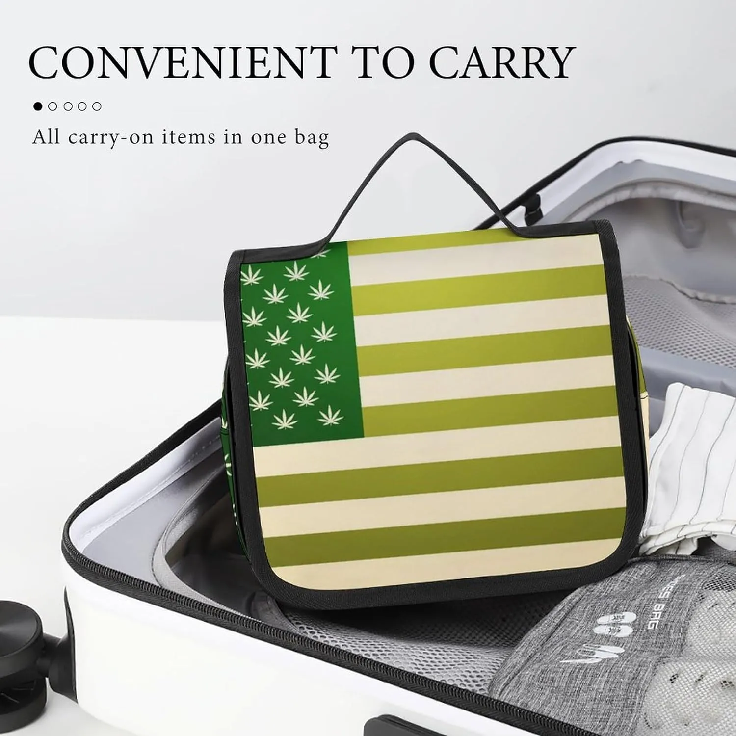 Travel Toiletry Bag for Women Large Capacity, Travel Organizer, Hanging Makeup Case Compatible with American Marijuana Weed Leaf Flag Green for Accessories, Cosmetics, Toiletries