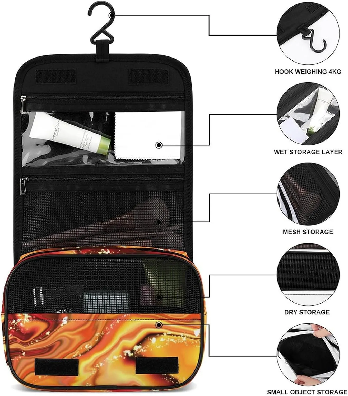 Travel Toiletry Bag For Women, Large Makeup Cosmetic Bags Compatible with Abstract Fire Marble, Hanging Toiletry Bag for Bathroom, with Hanging Hook for Travel Business Trips and Camping