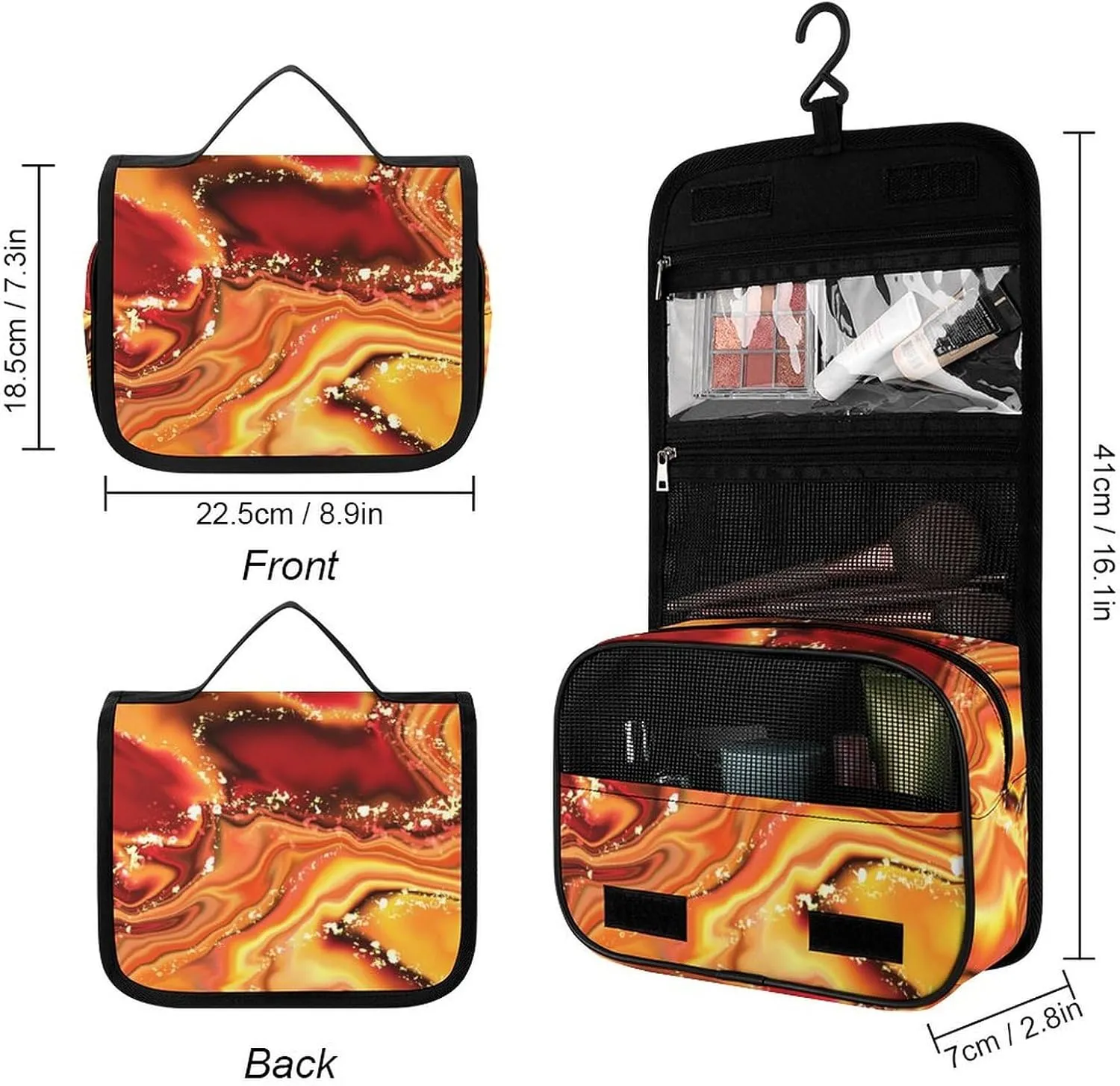 Travel Toiletry Bag For Women, Large Makeup Cosmetic Bags Compatible with Abstract Fire Marble, Hanging Toiletry Bag for Bathroom, with Hanging Hook for Travel Business Trips and Camping