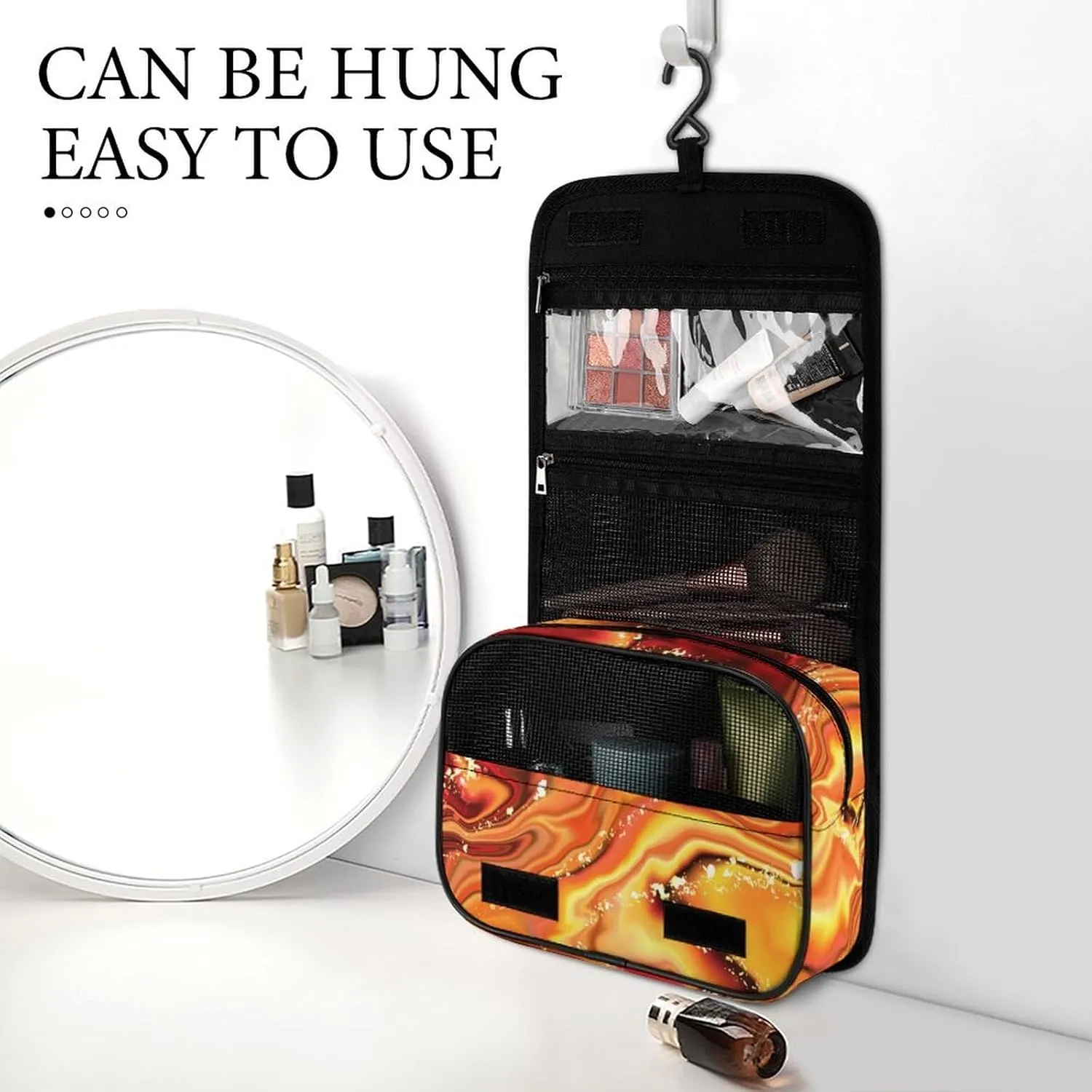 Travel Toiletry Bag For Women, Large Makeup Cosmetic Bags Compatible with Abstract Fire Marble, Hanging Toiletry Bag for Bathroom, with Hanging Hook for Travel Business Trips and Camping