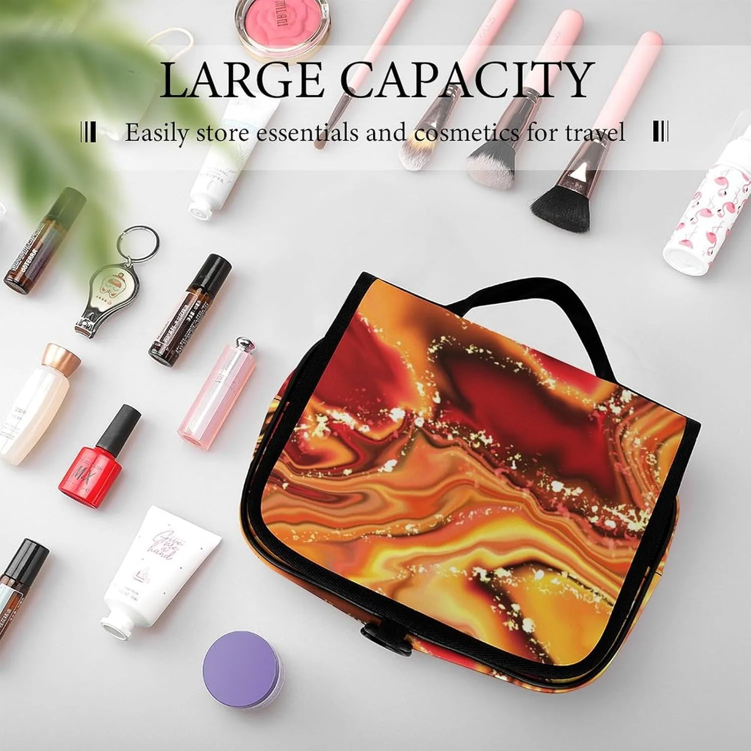 Travel Toiletry Bag For Women, Large Makeup Cosmetic Bags Compatible with Abstract Fire Marble, Hanging Toiletry Bag for Bathroom, with Hanging Hook for Travel Business Trips and Camping