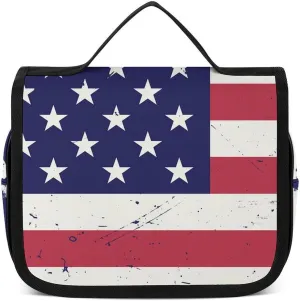 Travel Toiletry Bag for Women, Large Makeup Cosmetic Bags Compatible with Vintage Retro American Flag, Hanging Toiletry Bag for Bathroom, with Hanging Hook for Travel Business Trips and Camping
