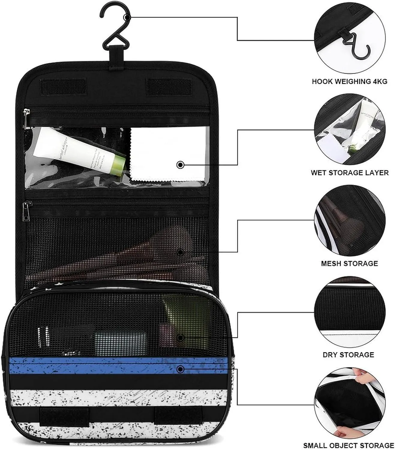 Travel Toiletry Bag For Women, Makeup Cosmetic Bags Compatible with Thin Blue Line Retro American Flag Police Pattern Black, Hanging Toiletry Bag for Bathroom, with Hanging Hook