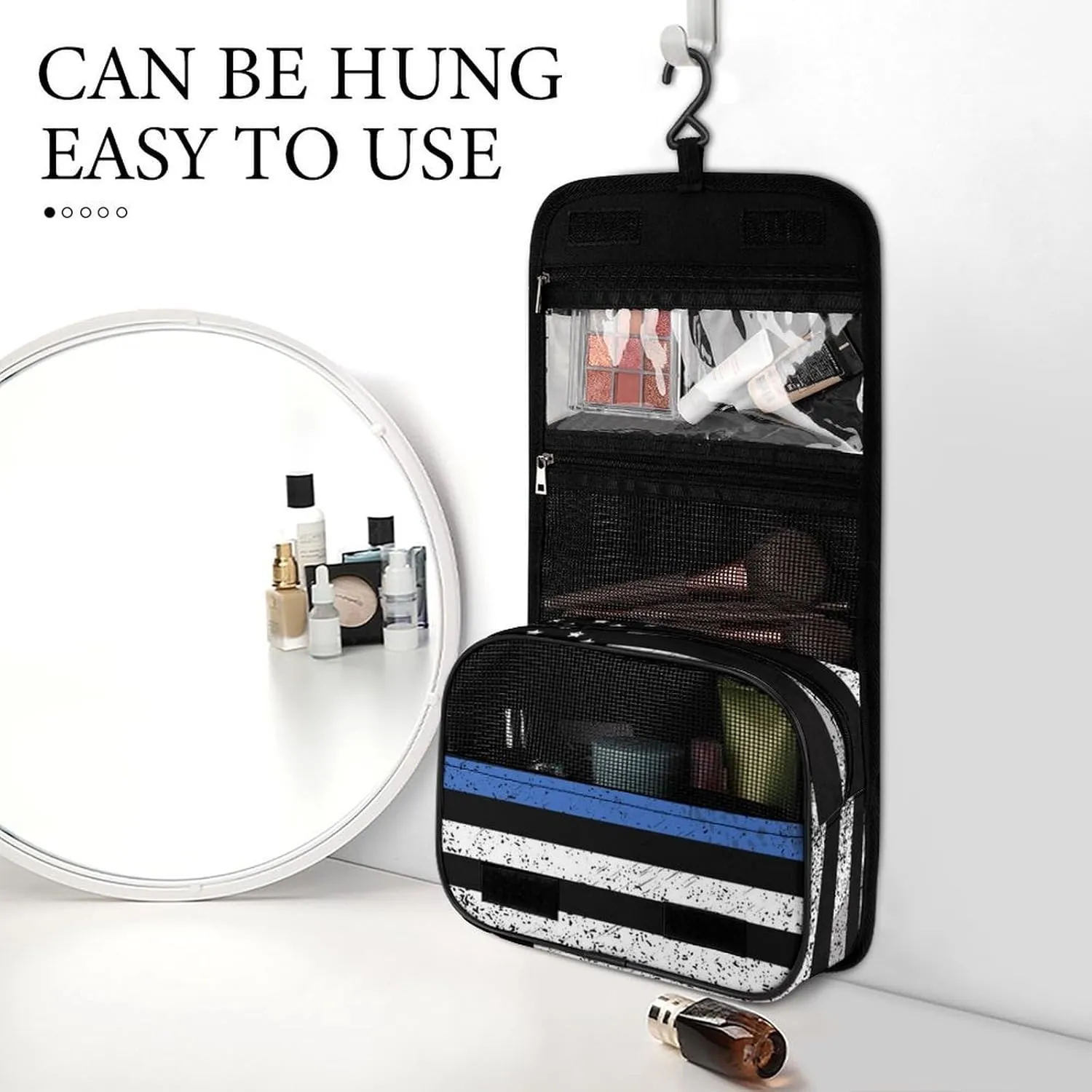 Travel Toiletry Bag For Women, Makeup Cosmetic Bags Compatible with Thin Blue Line Retro American Flag Police Pattern Black, Hanging Toiletry Bag for Bathroom, with Hanging Hook