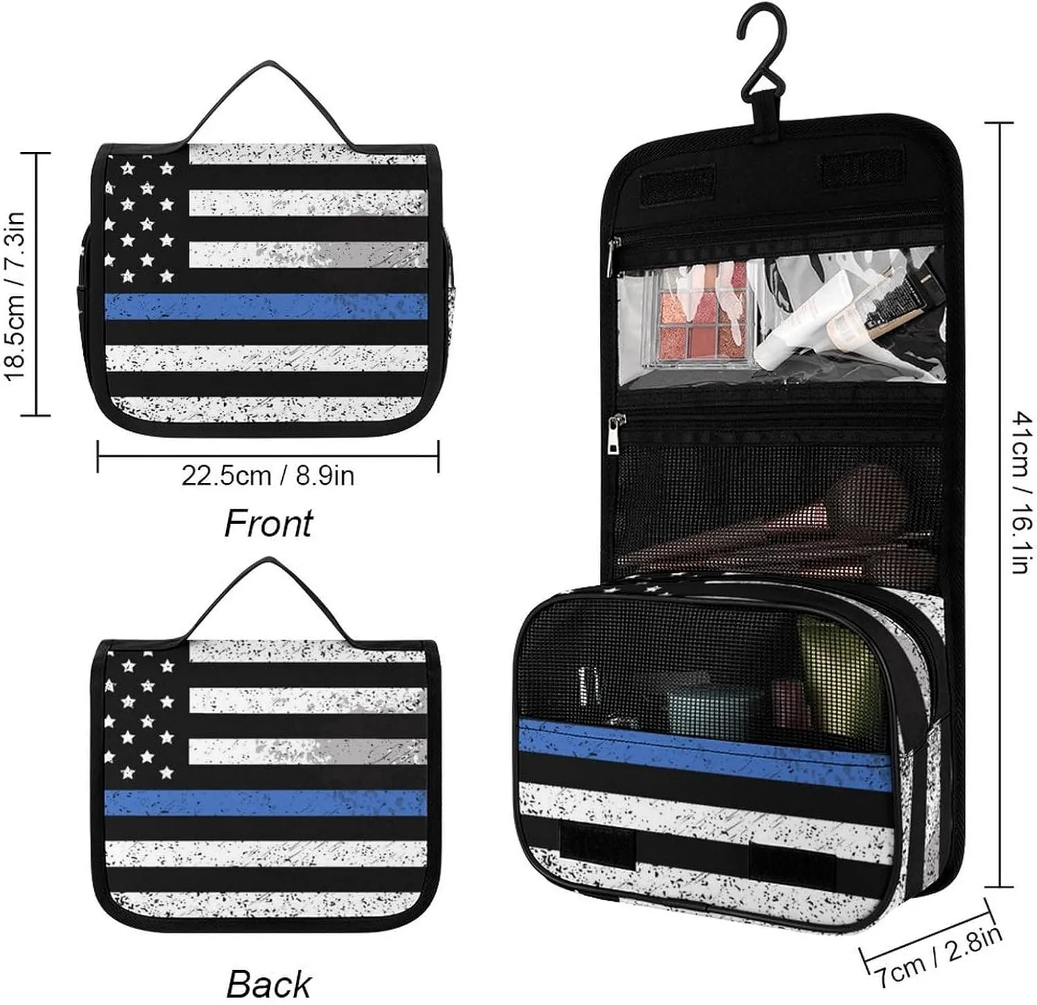 Travel Toiletry Bag For Women, Makeup Cosmetic Bags Compatible with Thin Blue Line Retro American Flag Police Pattern Black, Hanging Toiletry Bag for Bathroom, with Hanging Hook