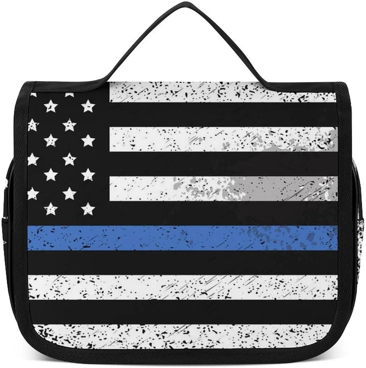 Travel Toiletry Bag For Women, Makeup Cosmetic Bags Compatible with Thin Blue Line Retro American Flag Police Pattern Black, Hanging Toiletry Bag for Bathroom, with Hanging Hook