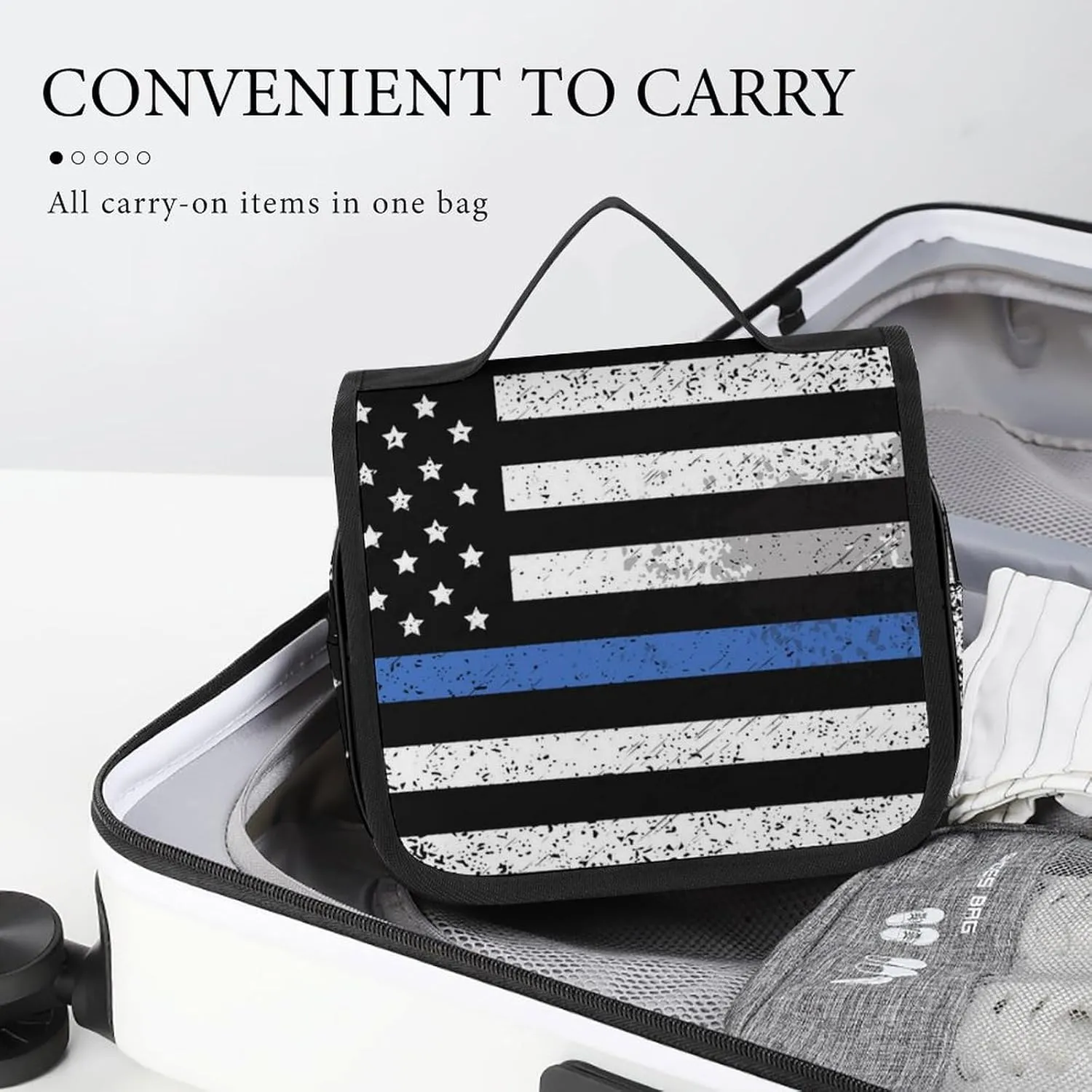 Travel Toiletry Bag For Women, Makeup Cosmetic Bags Compatible with Thin Blue Line Retro American Flag Police Pattern Black, Hanging Toiletry Bag for Bathroom, with Hanging Hook