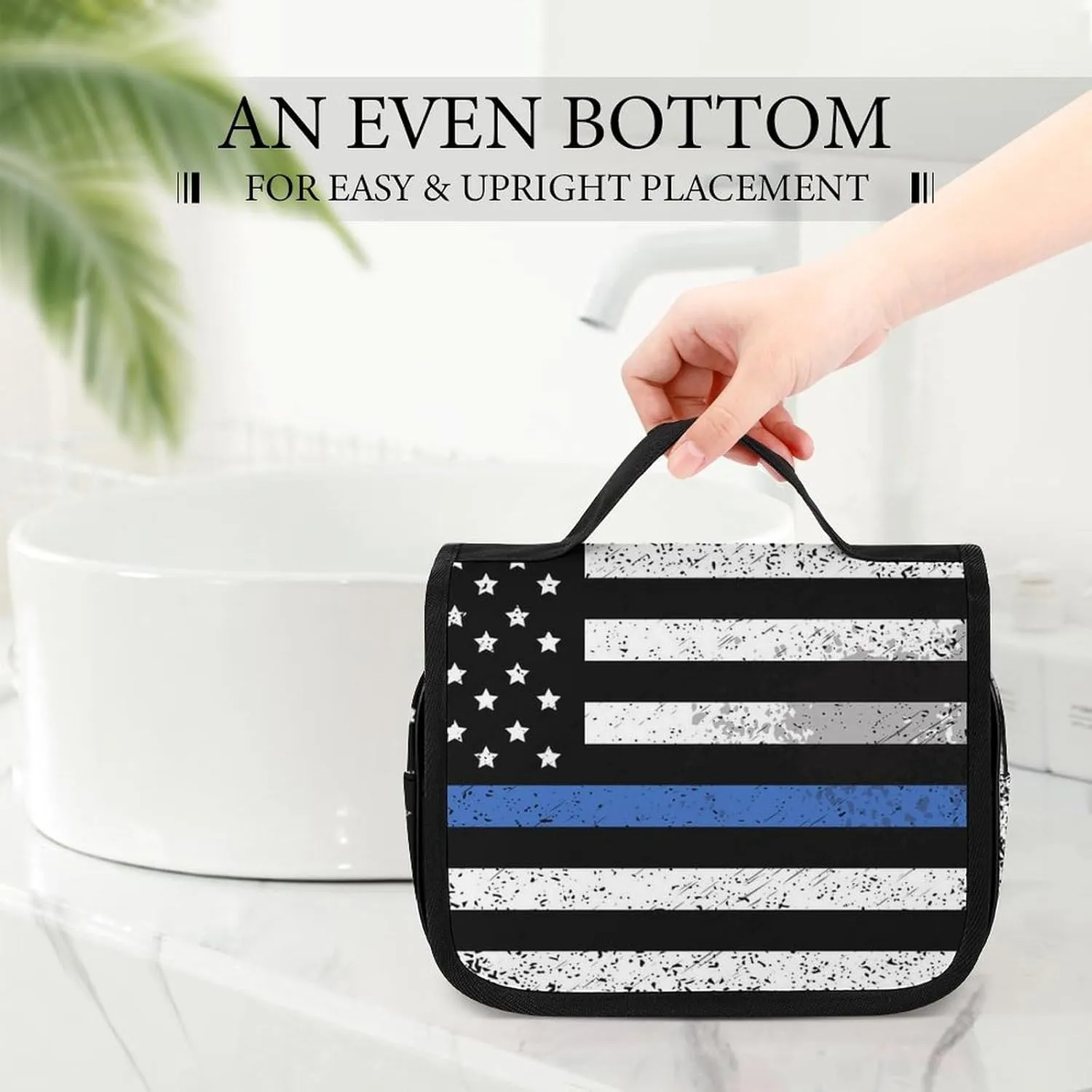 Travel Toiletry Bag For Women, Makeup Cosmetic Bags Compatible with Thin Blue Line Retro American Flag Police Pattern Black, Hanging Toiletry Bag for Bathroom, with Hanging Hook