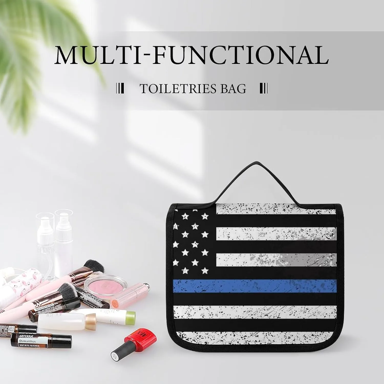 Travel Toiletry Bag For Women, Makeup Cosmetic Bags Compatible with Thin Blue Line Retro American Flag Police Pattern Black, Hanging Toiletry Bag for Bathroom, with Hanging Hook