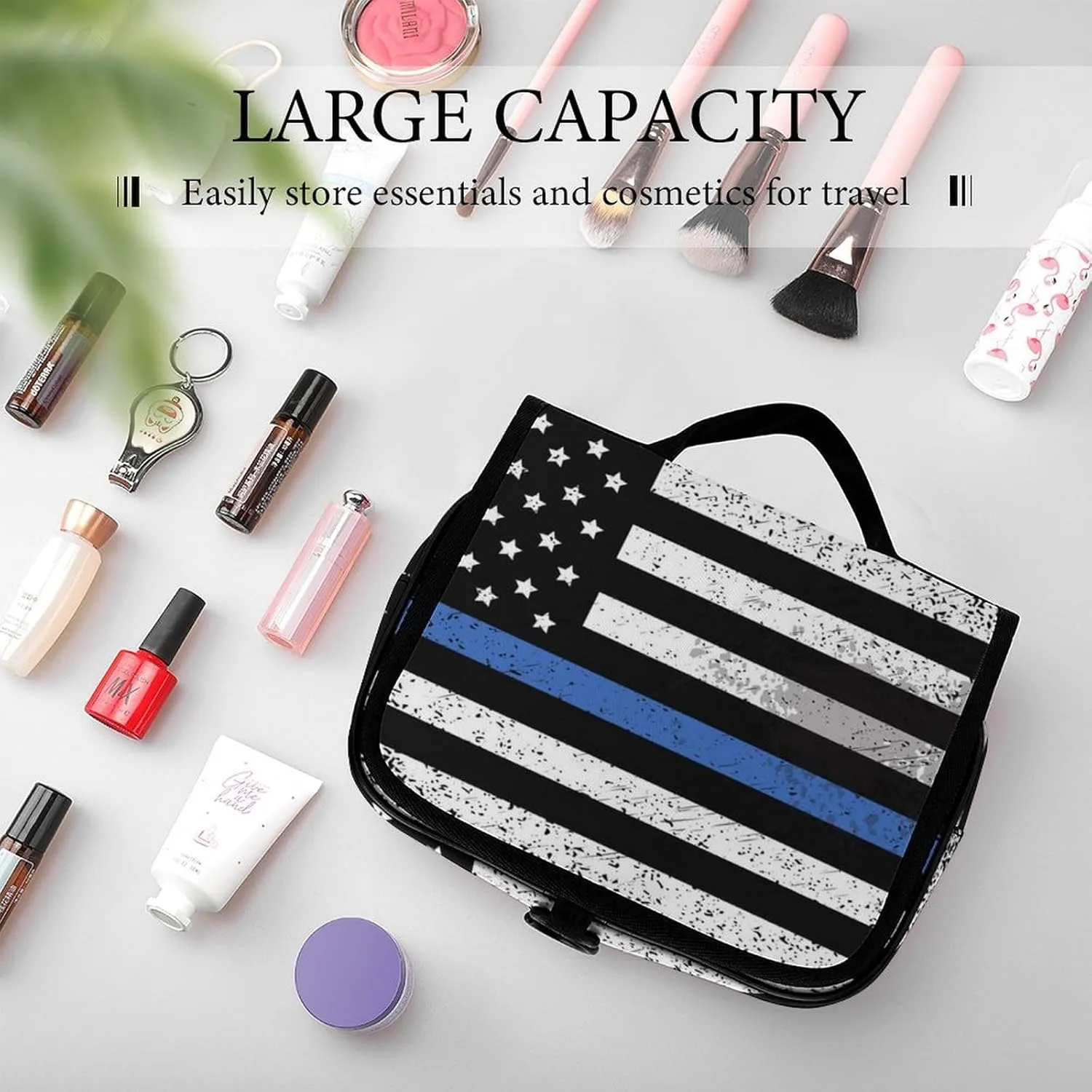 Travel Toiletry Bag For Women, Makeup Cosmetic Bags Compatible with Thin Blue Line Retro American Flag Police Pattern Black, Hanging Toiletry Bag for Bathroom, with Hanging Hook