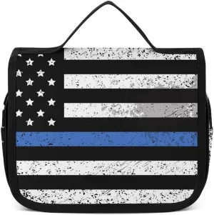 Travel Toiletry Bag For Women, Makeup Cosmetic Bags Compatible with Thin Blue Line Retro American Flag Police Pattern Black, Hanging Toiletry Bag for Bathroom, with Hanging Hook
