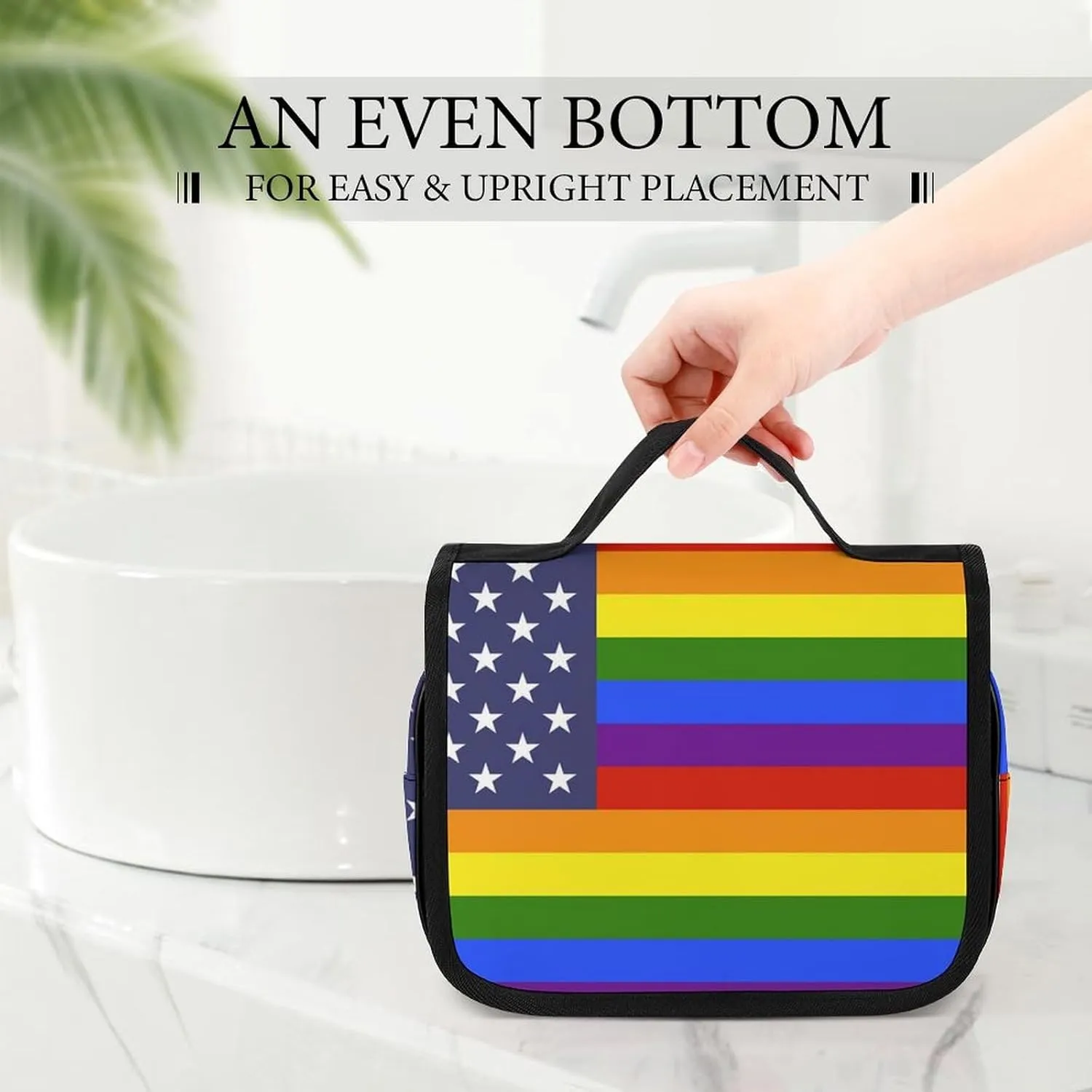 Travel Toiletry Bag for Women Men, Waterproof Makeup Bag Shaving Bag with Hanging Hook, Portable Toiletry Organizer Compatible with US LGBT Love Pride Rainbow American Flag for Traveling and Camping