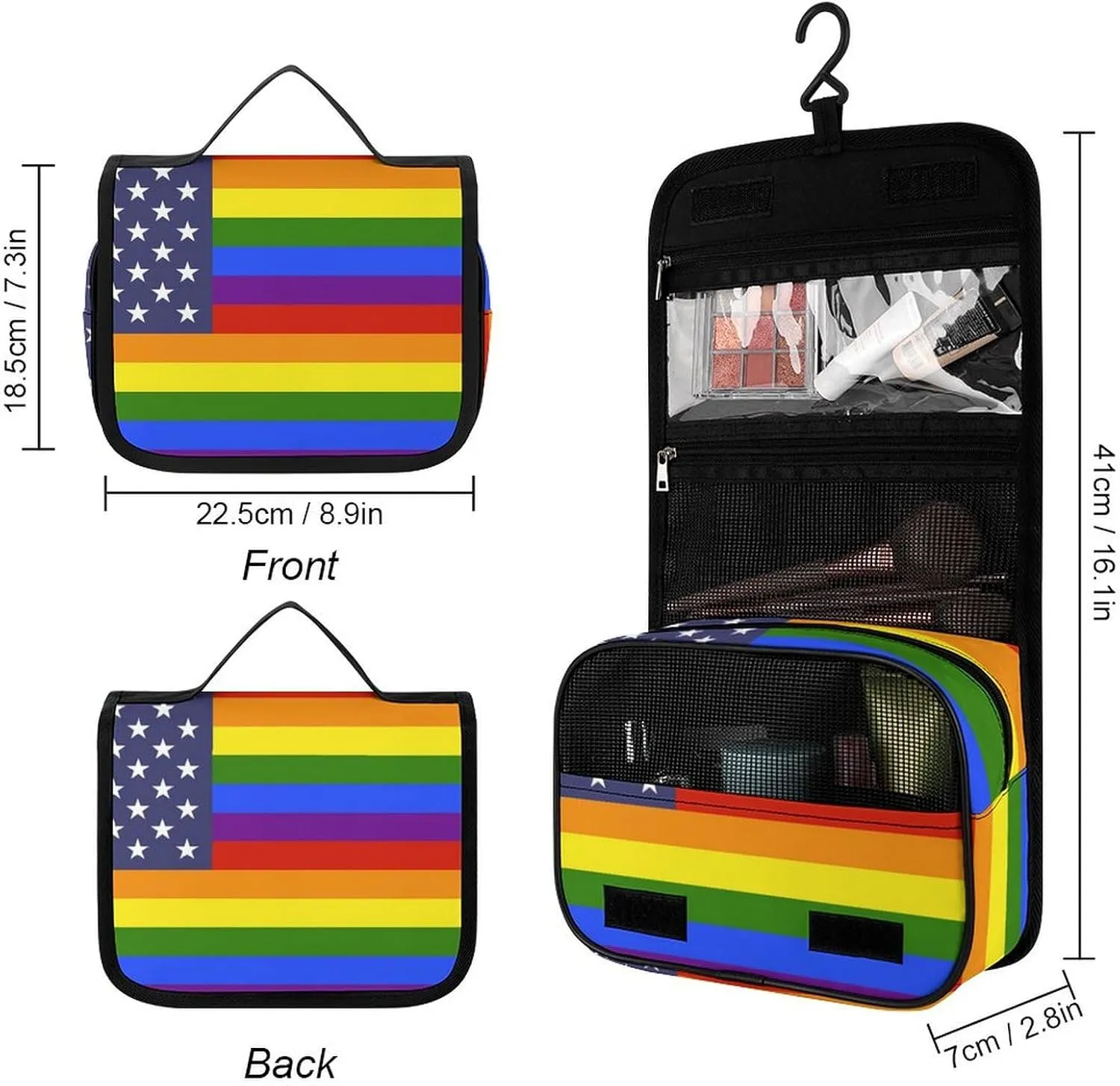 Travel Toiletry Bag for Women Men, Waterproof Makeup Bag Shaving Bag with Hanging Hook, Portable Toiletry Organizer Compatible with US LGBT Love Pride Rainbow American Flag for Traveling and Camping