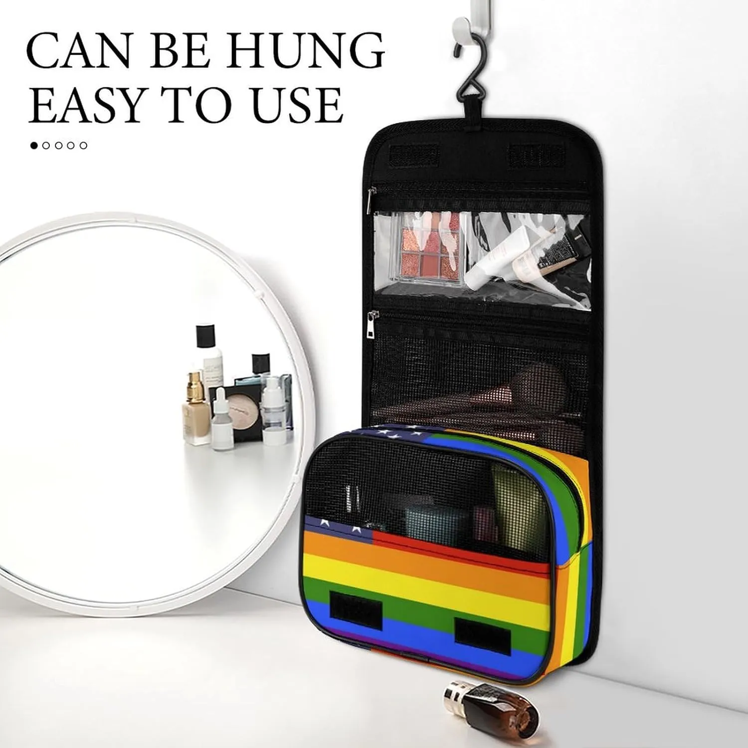 Travel Toiletry Bag for Women Men, Waterproof Makeup Bag Shaving Bag with Hanging Hook, Portable Toiletry Organizer Compatible with US LGBT Love Pride Rainbow American Flag for Traveling and Camping
