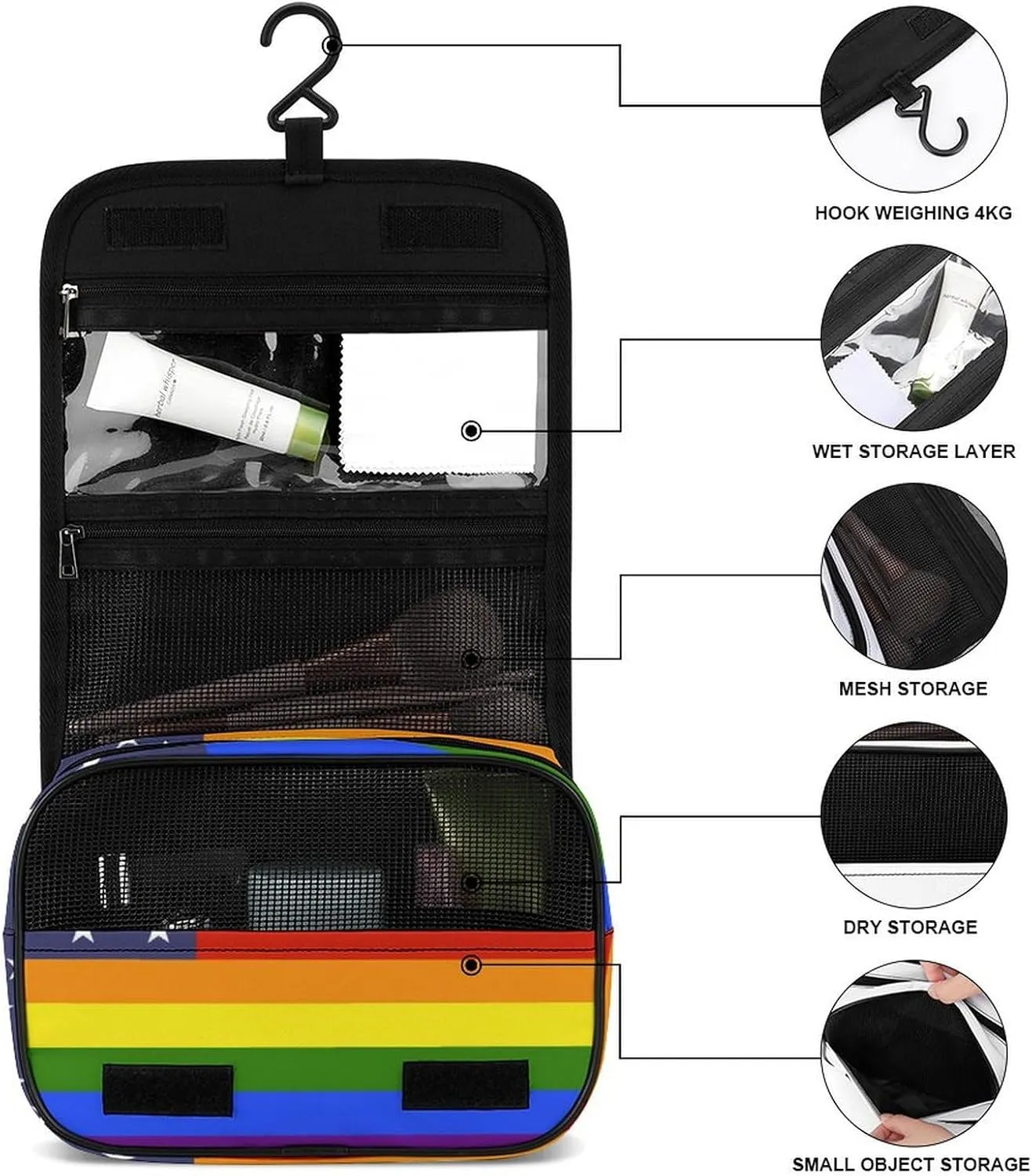 Travel Toiletry Bag for Women Men, Waterproof Makeup Bag Shaving Bag with Hanging Hook, Portable Toiletry Organizer Compatible with US LGBT Love Pride Rainbow American Flag for Traveling and Camping