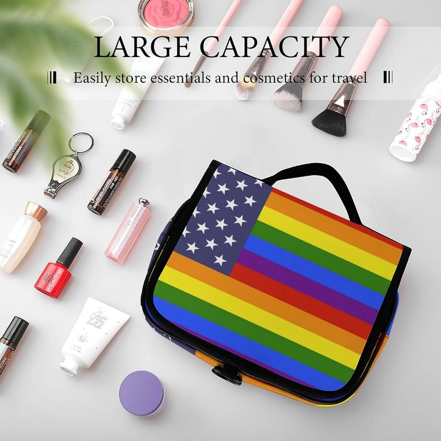 Travel Toiletry Bag for Women Men, Waterproof Makeup Bag Shaving Bag with Hanging Hook, Portable Toiletry Organizer Compatible with US LGBT Love Pride Rainbow American Flag for Traveling and Camping