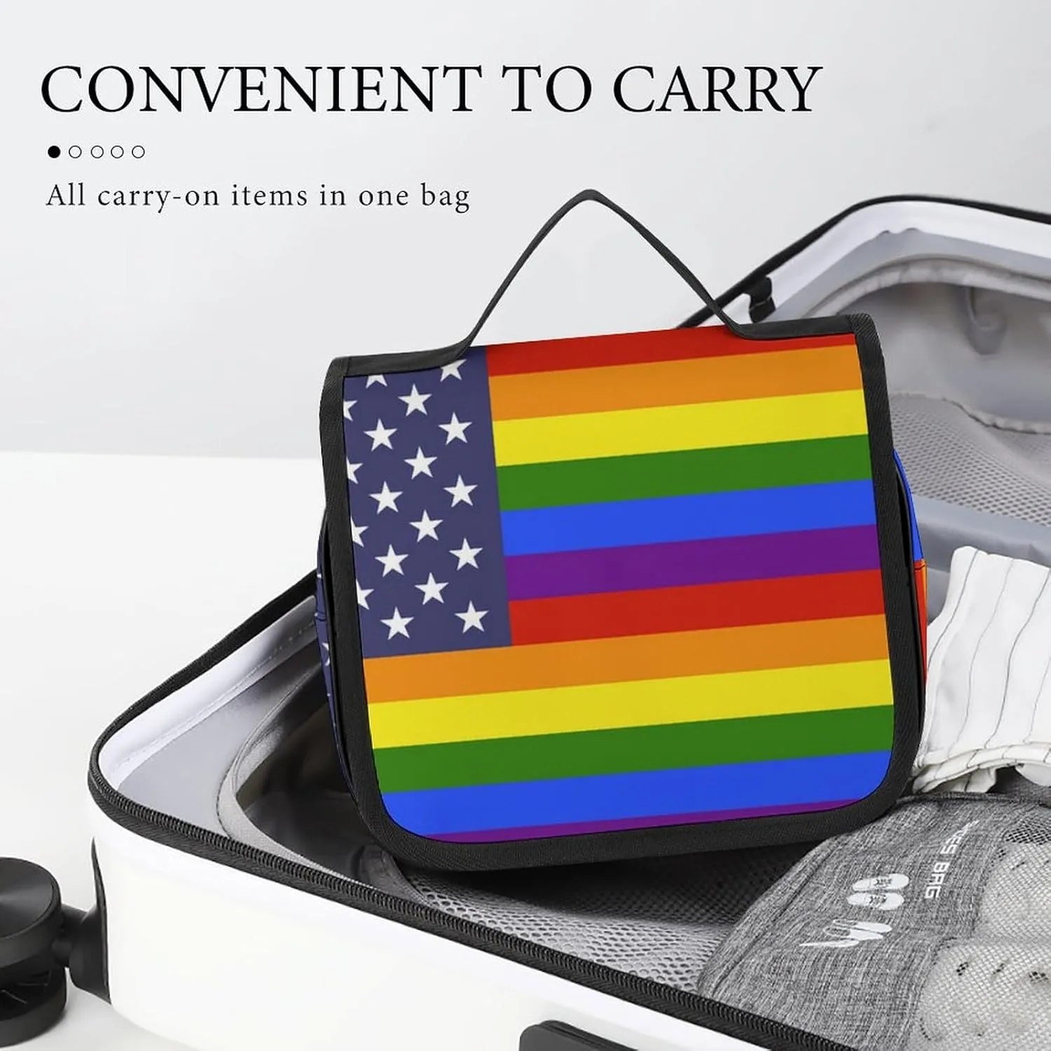 Travel Toiletry Bag for Women Men, Waterproof Makeup Bag Shaving Bag with Hanging Hook, Portable Toiletry Organizer Compatible with US LGBT Love Pride Rainbow American Flag for Traveling and Camping