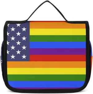 Travel Toiletry Bag for Women Men, Waterproof Makeup Bag Shaving Bag with Hanging Hook, Portable Toiletry Organizer Compatible with US LGBT Love Pride Rainbow American Flag for Traveling and Camping