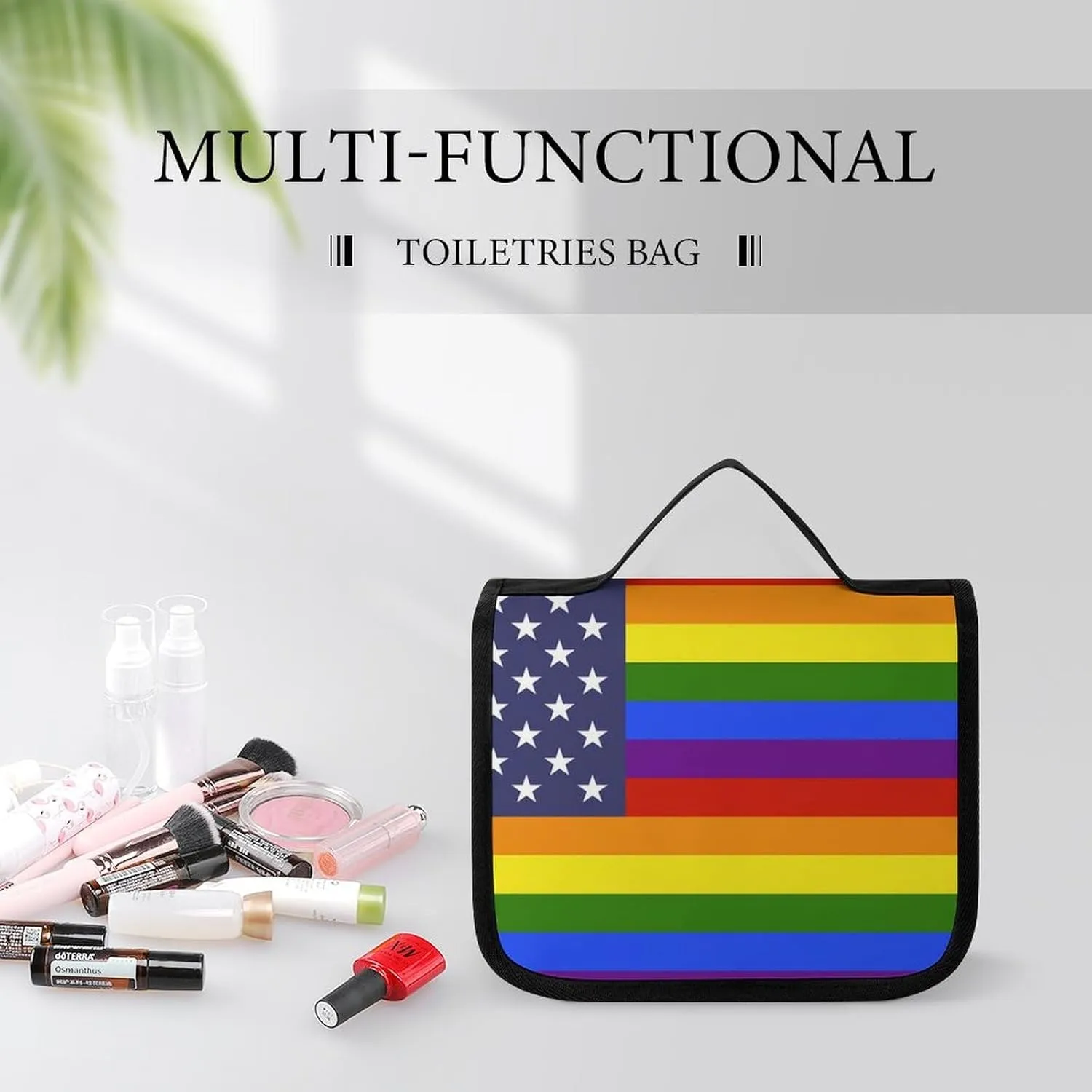 Travel Toiletry Bag for Women Men, Waterproof Makeup Bag Shaving Bag with Hanging Hook, Portable Toiletry Organizer Compatible with US LGBT Love Pride Rainbow American Flag for Traveling and Camping
