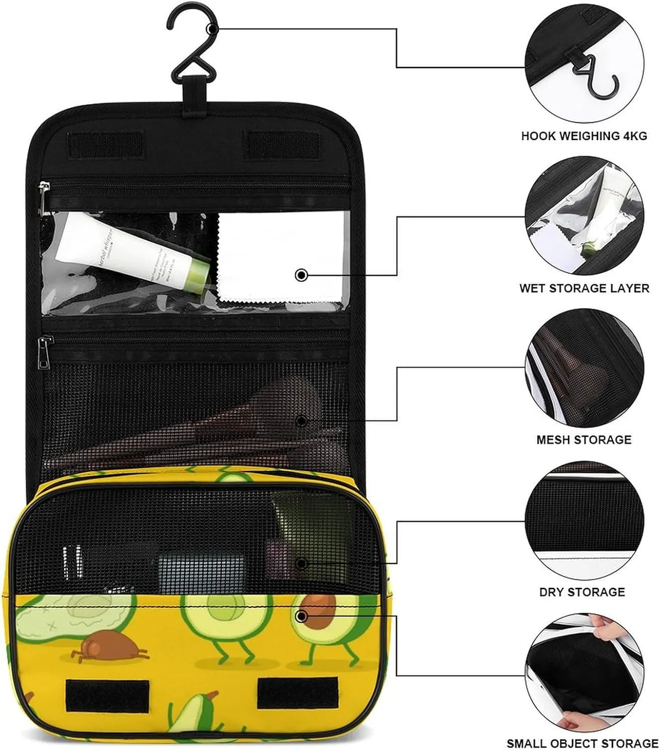 Travel Toiletry Bag Hanging, Makeup Bag Hanging, Waterproof Cosmetic Bag with Jewelry Compartment, Travel Bag Compatible with Funny Cartoon Couples Character Avocado Set for Toiletries, Cosmetic