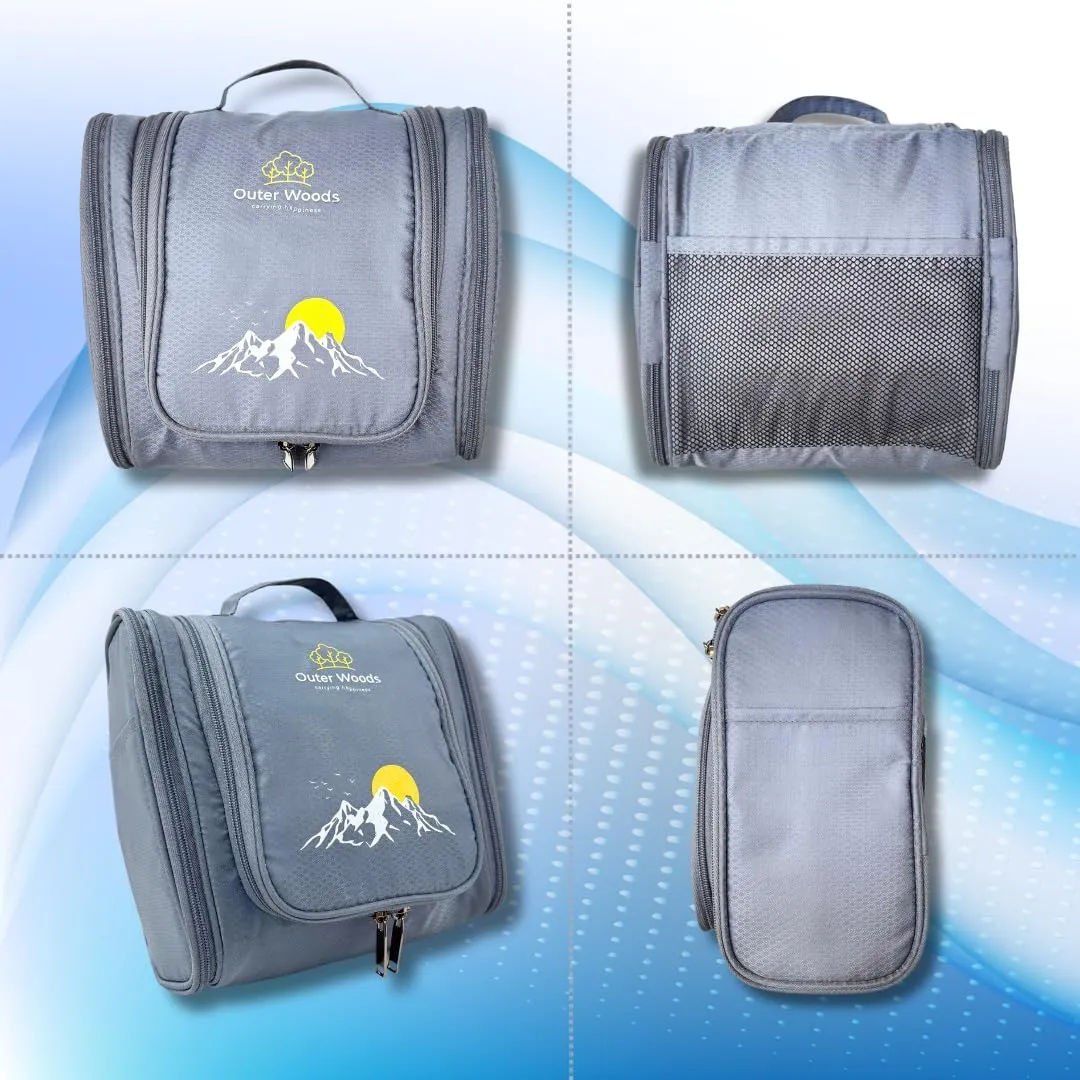 Travel Toiletry Bag with Hanging Hook, Waterproof Travel Pouch with Multiple Compartments for Cosmetics and Toiletries, Grey