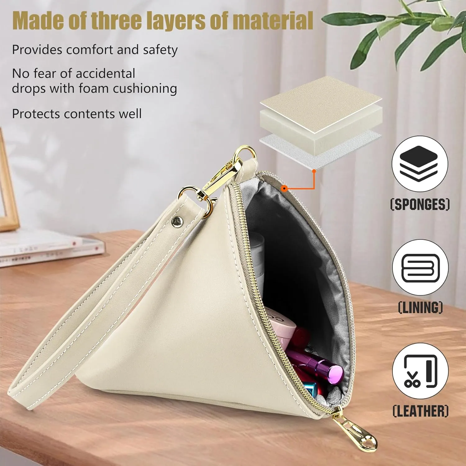 Two Sizes Women Leather Clutch Wallet Triangle Wristlet Purse Wrist Strap