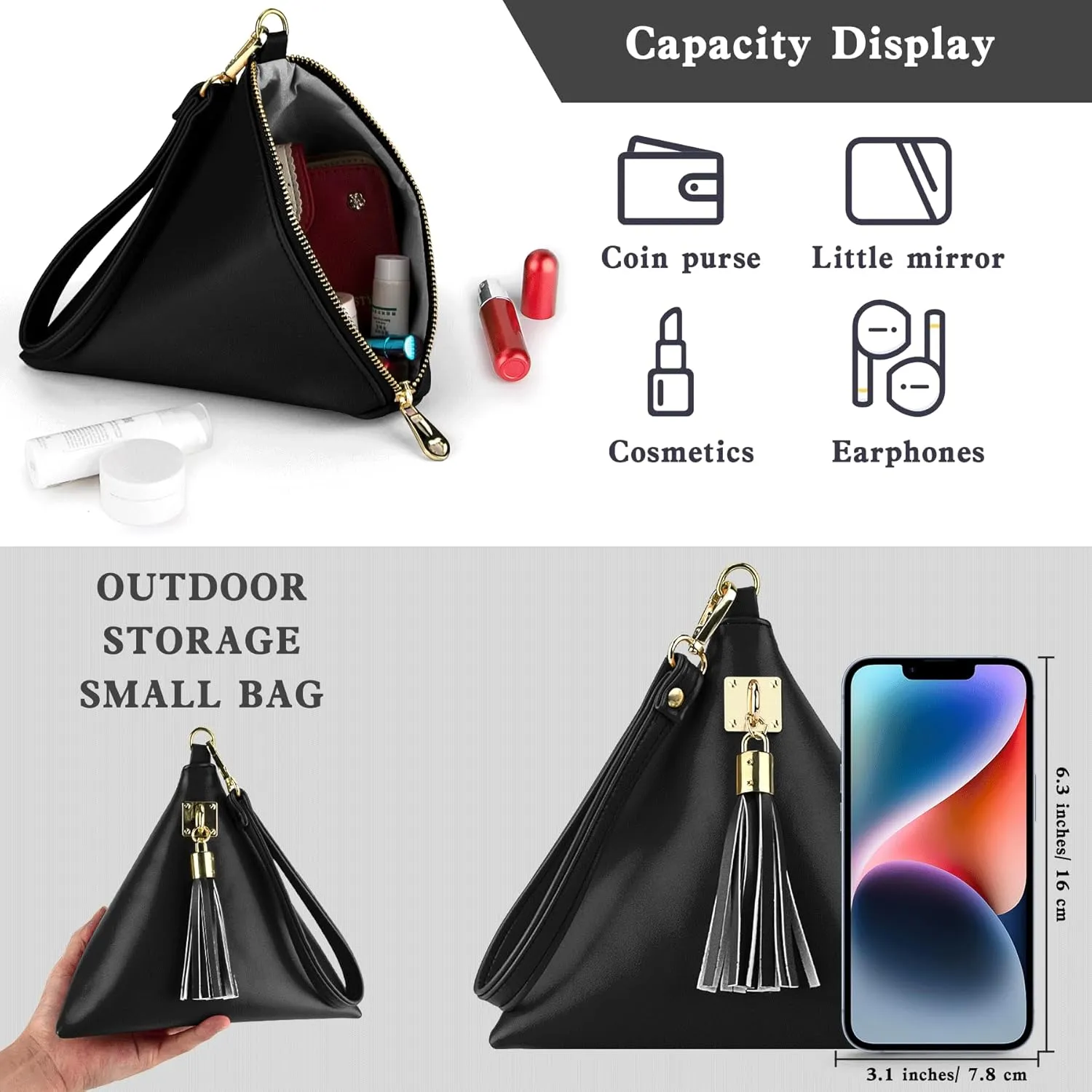 Two Sizes Women Leather Clutch Wallet Triangle Wristlet Purse Wrist Strap