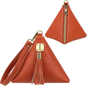Two Sizes Women Leather Clutch Wallet Triangle Wristlet Purse Wrist Strap