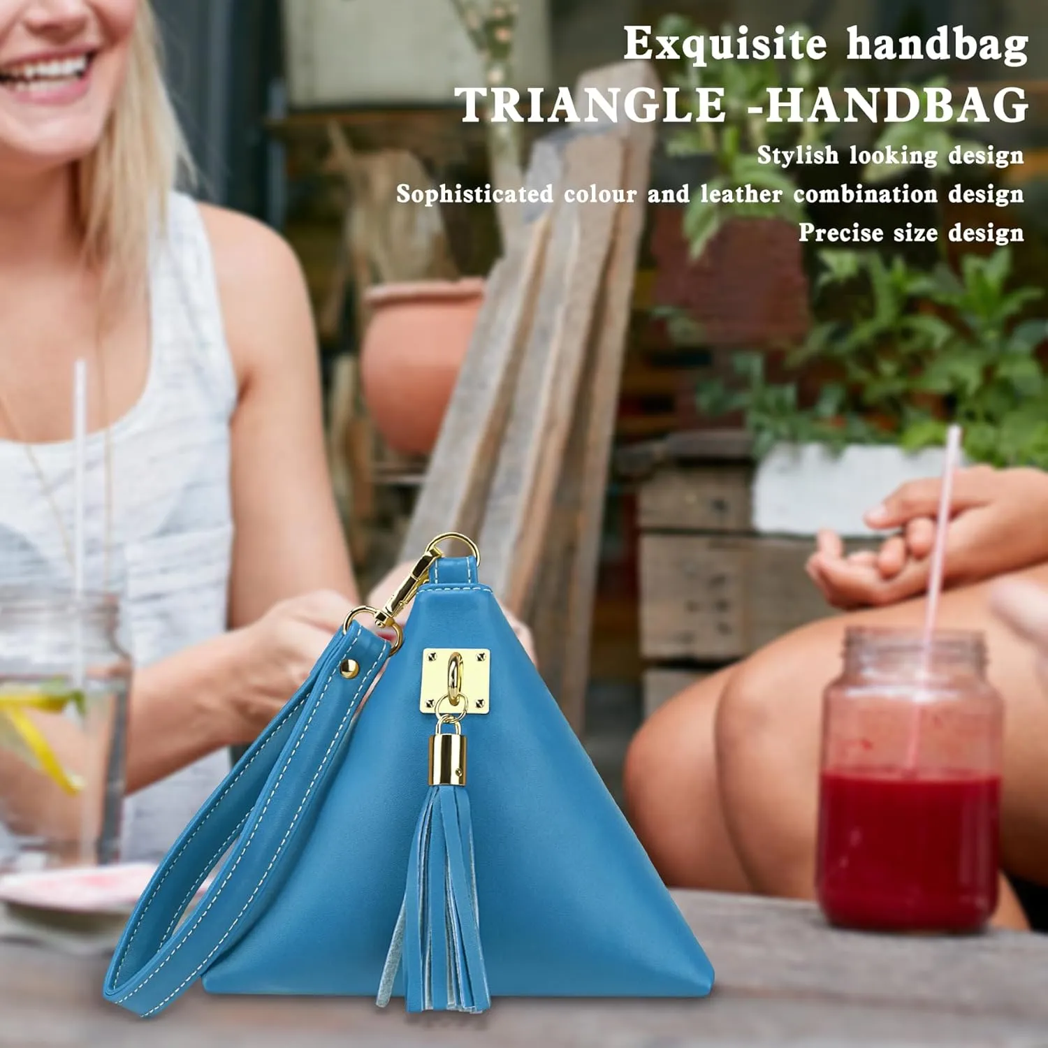 Two Sizes Women Leather Clutch Wallet Triangle Wristlet Purse Wrist Strap