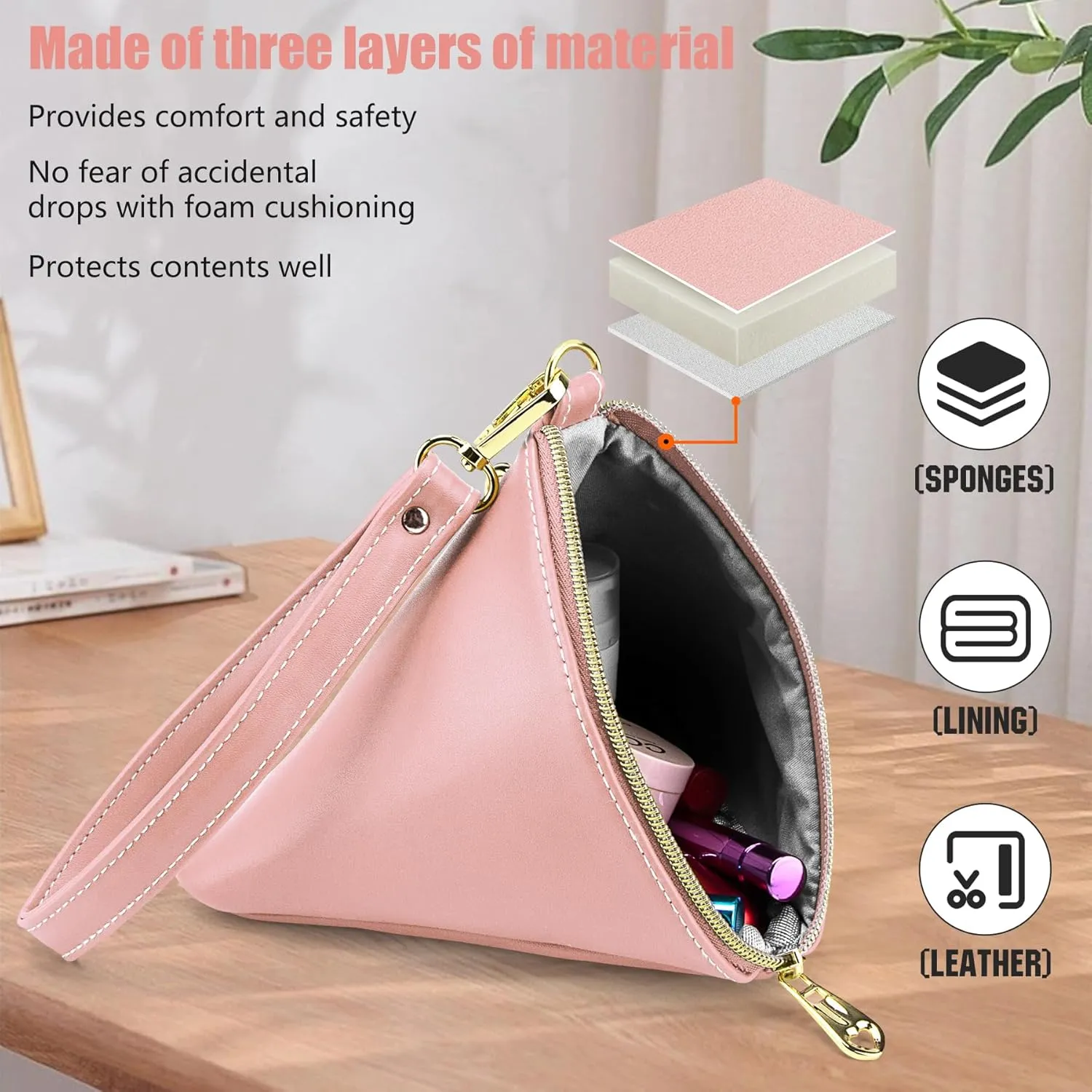 Two Sizes Women Leather Clutch Wallet Triangle Wristlet Purse Wrist Strap
